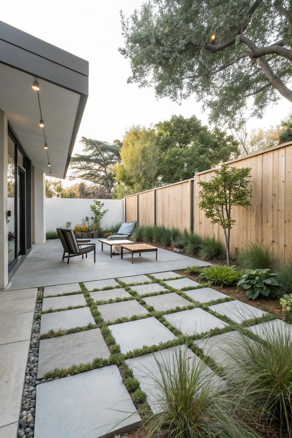 A sleek and low-maintenance patio setup with concrete pavers.