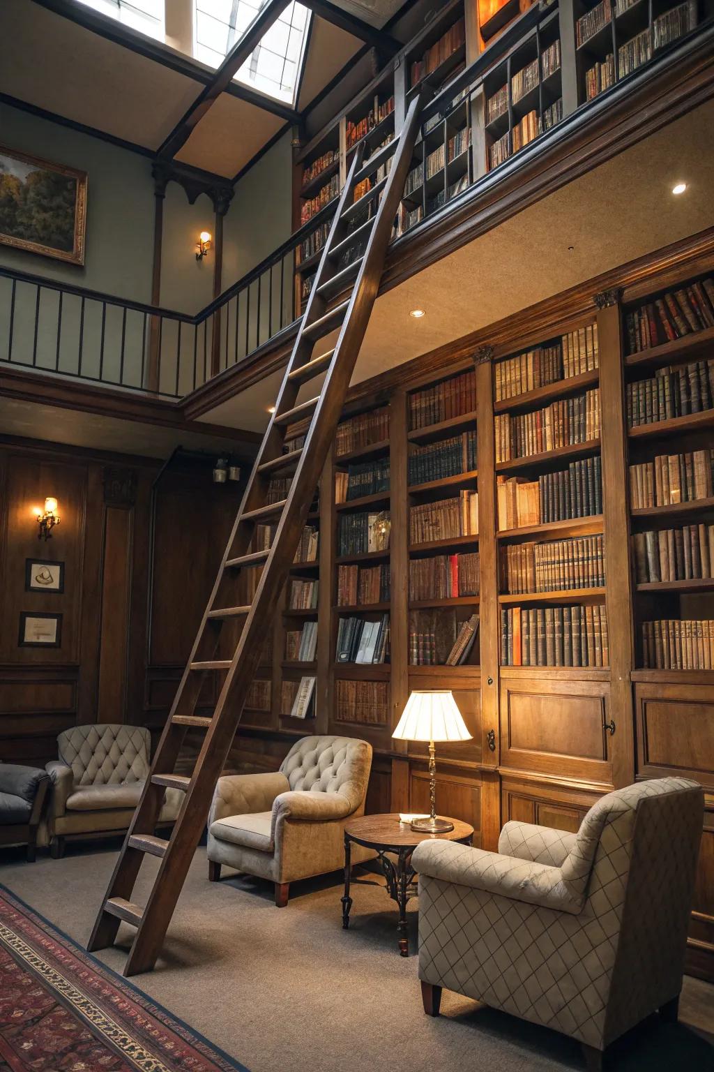 Elevate your nook with a library ladder for a whimsical touch and easy book access.
