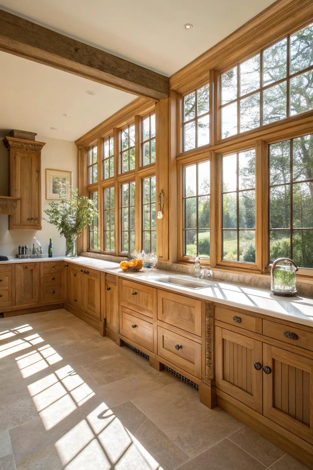 Natural light transforms an oak kitchen into a bright and airy space.