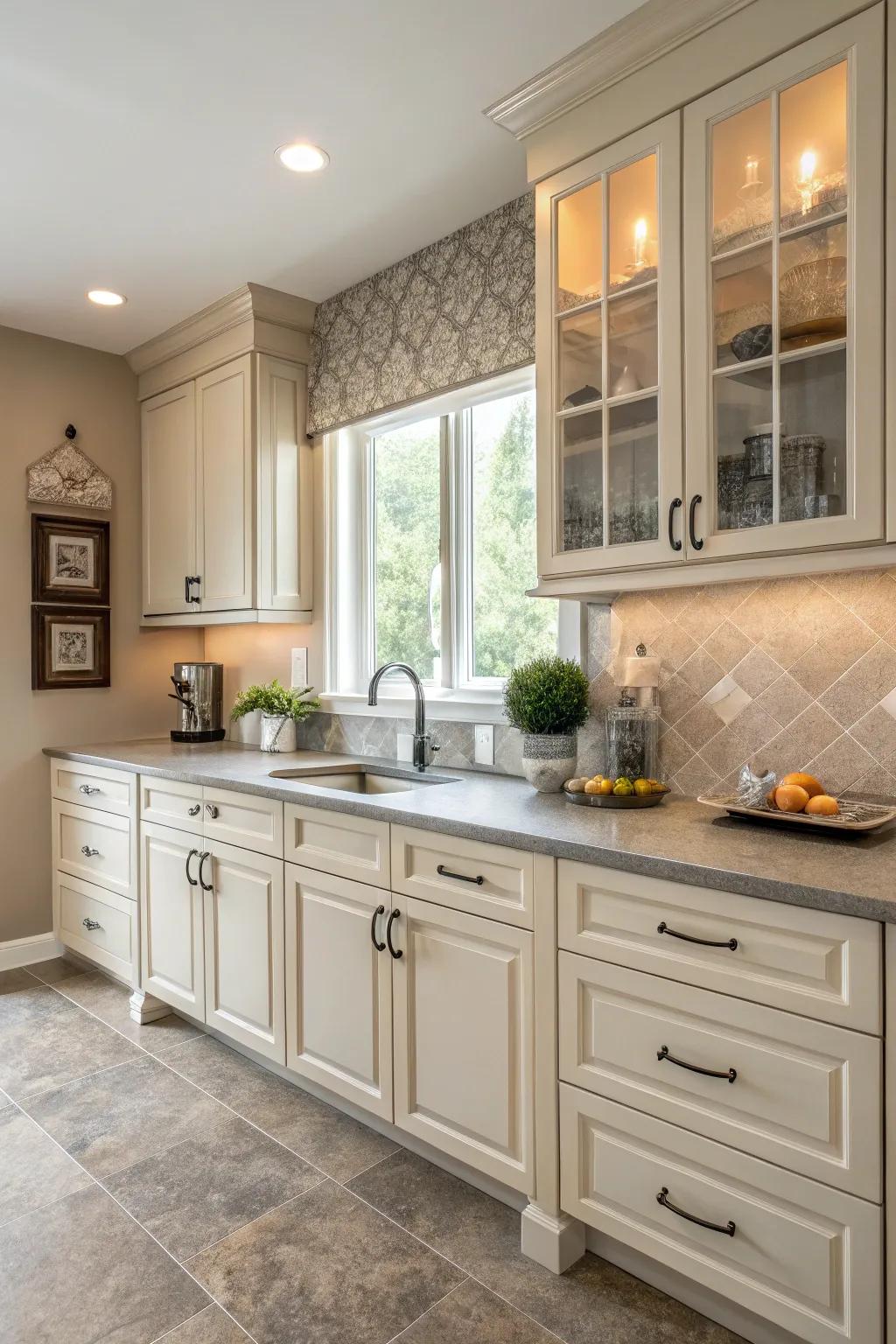 Neutral tones blend seamlessly with off-white cabinets.