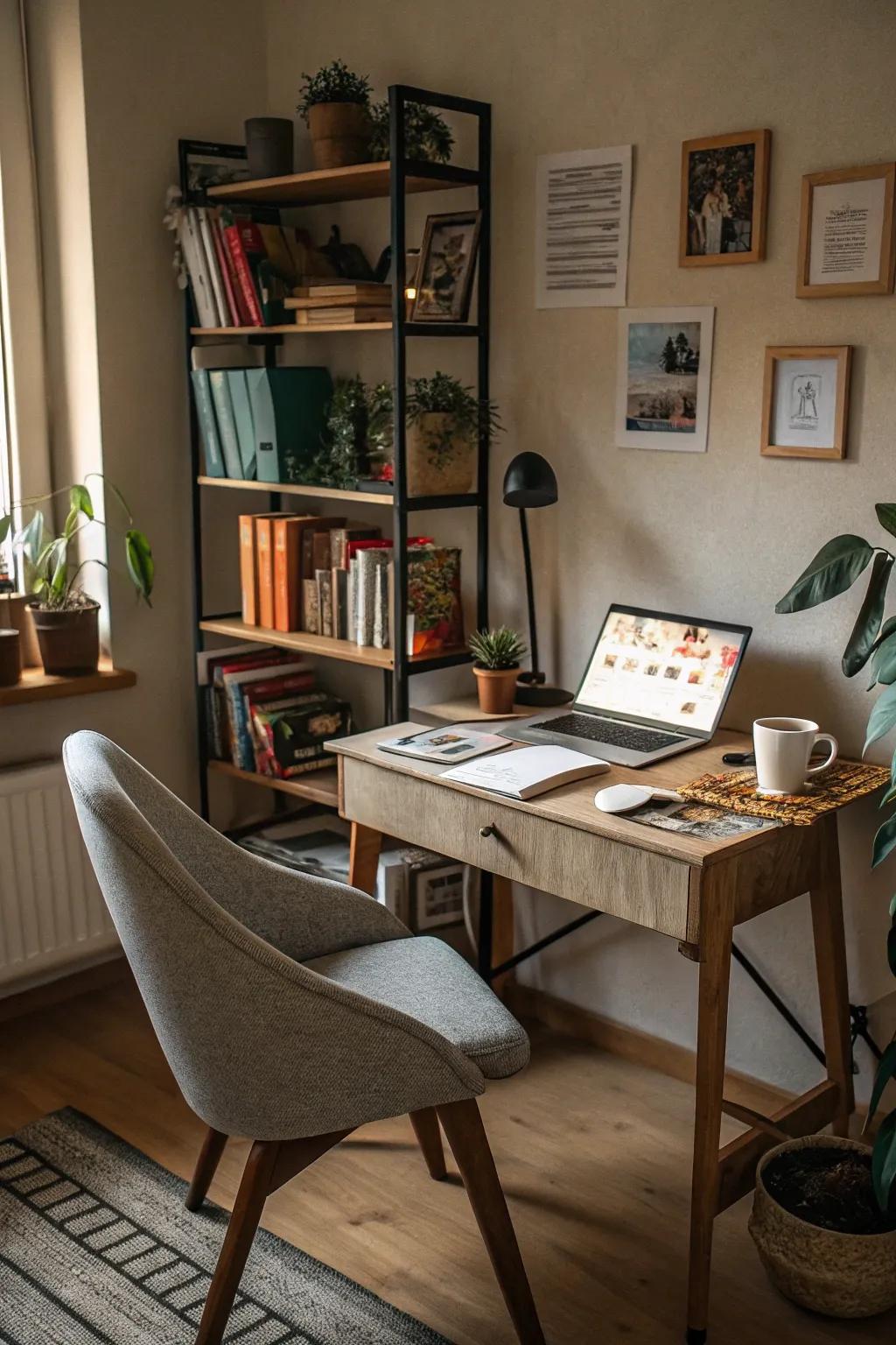 A cozy home office with personal and practical elements.