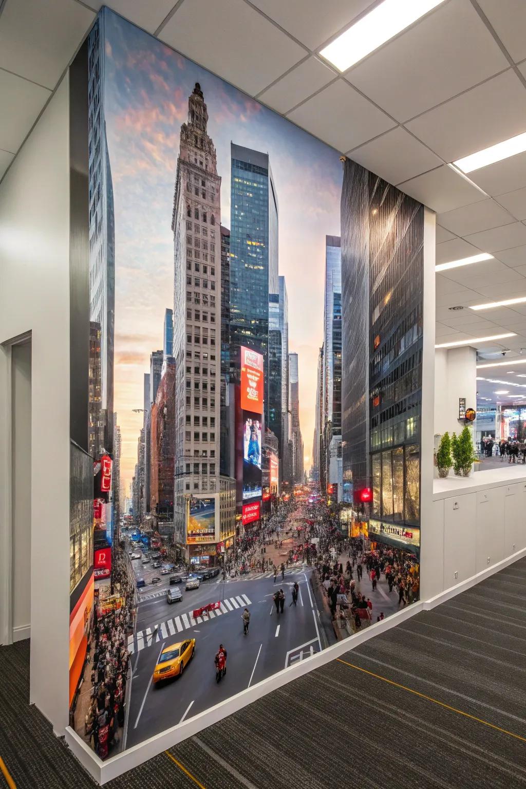 Infuse energy into your office with an urban cityscape mural.