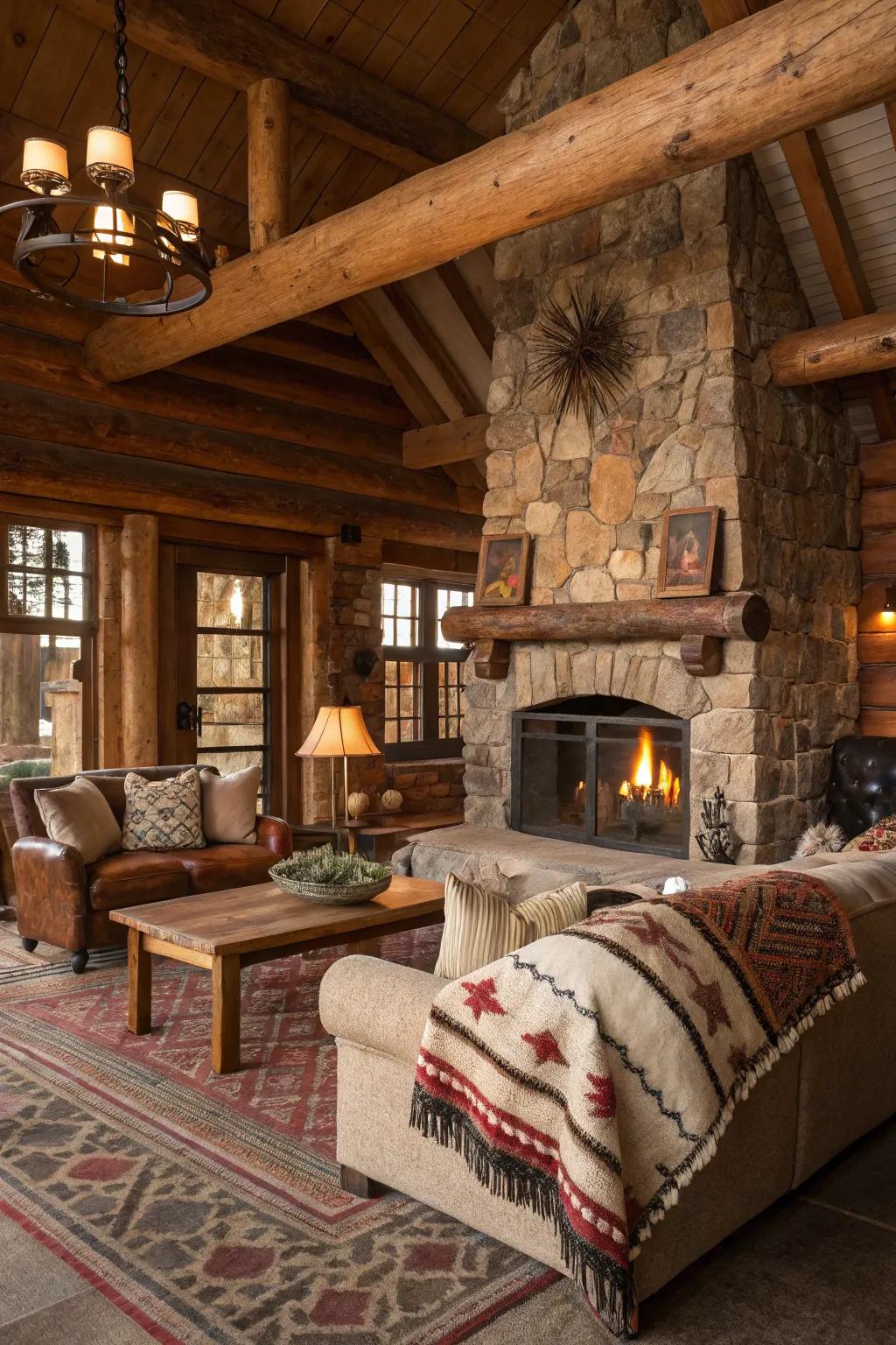 Rustic lodge interior featuring an earthy color palette and cozy furnishings.