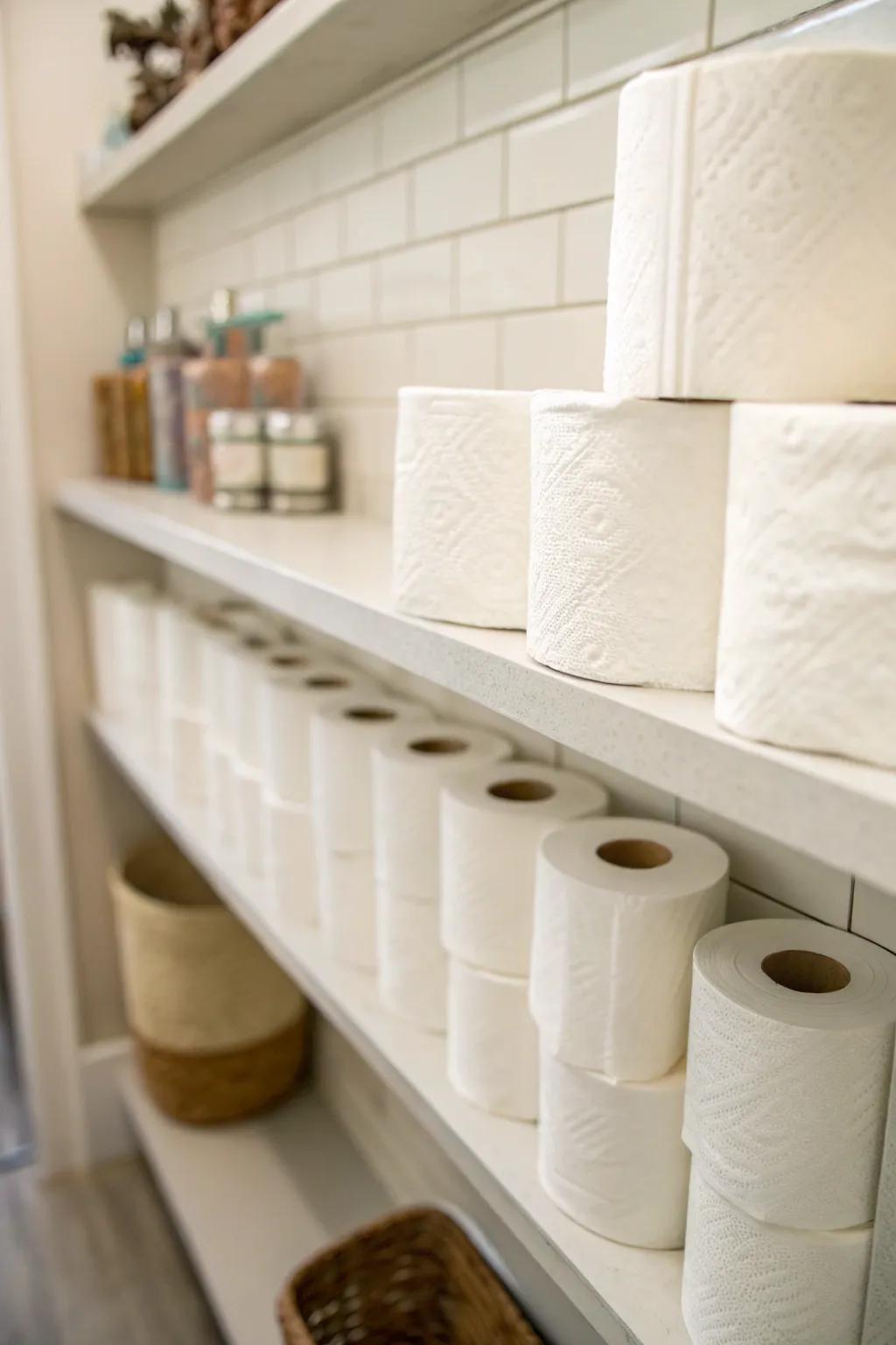 Visible and accessible toilet paper storage on open shelves.