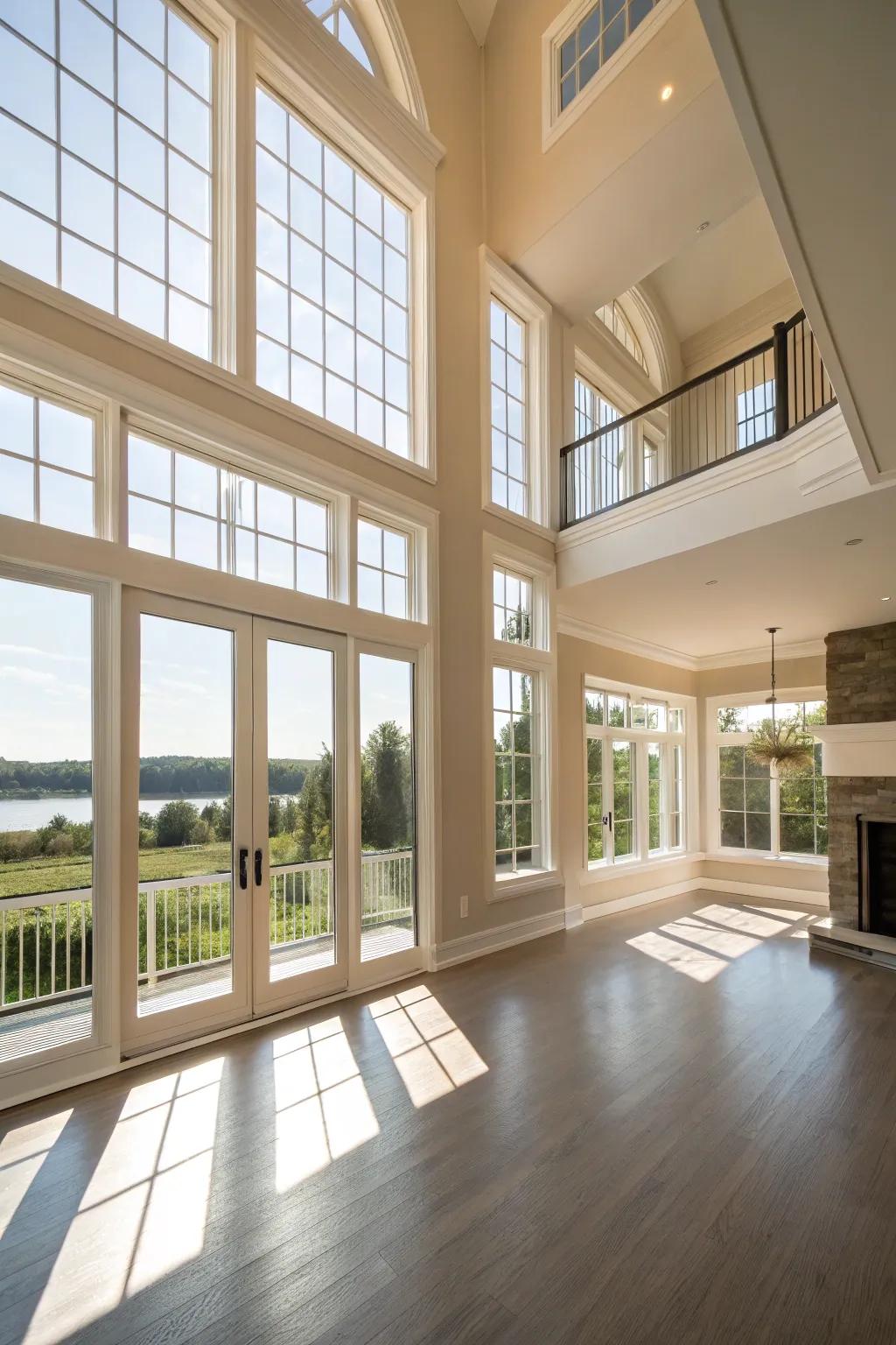 Large windows in an open space, maximizing natural light and creating a warm atmosphere.