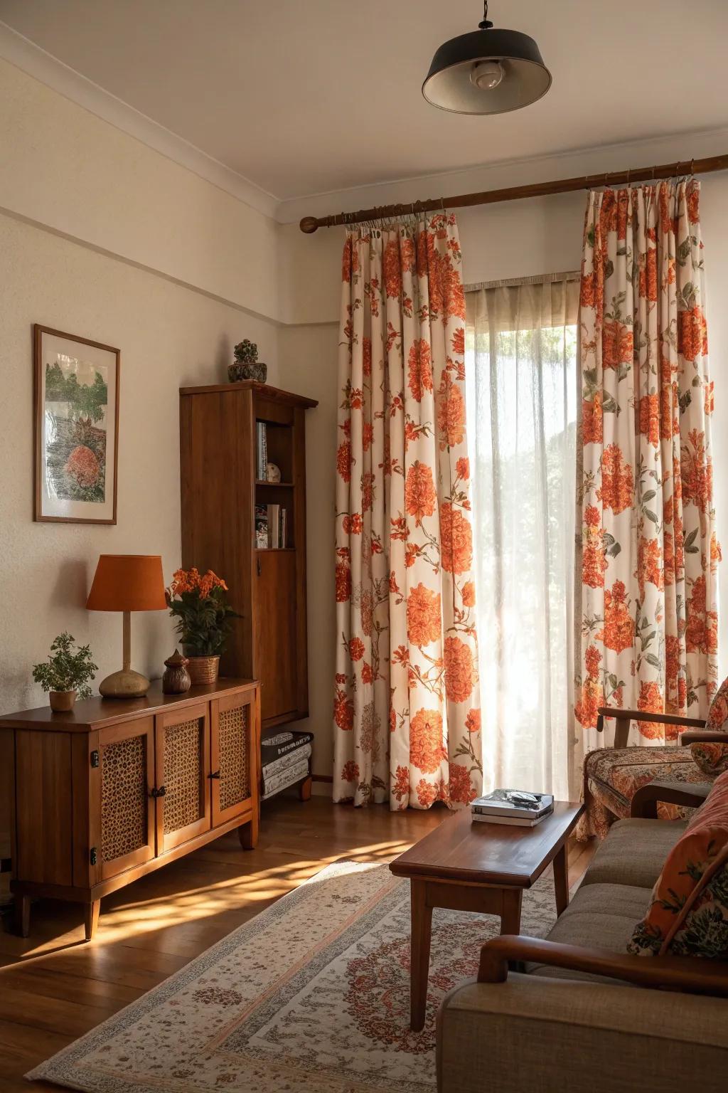 Orange floral curtains adding a playful and natural charm.