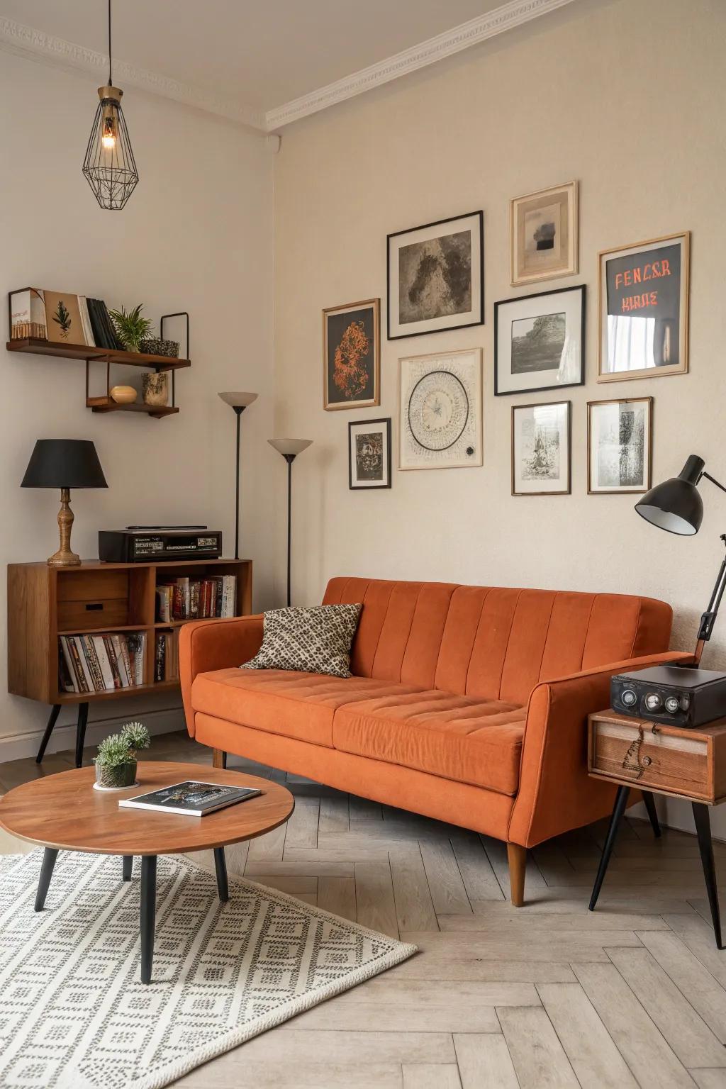 A mid-century modern living room featuring a bold orange sofa as a centerpiece.