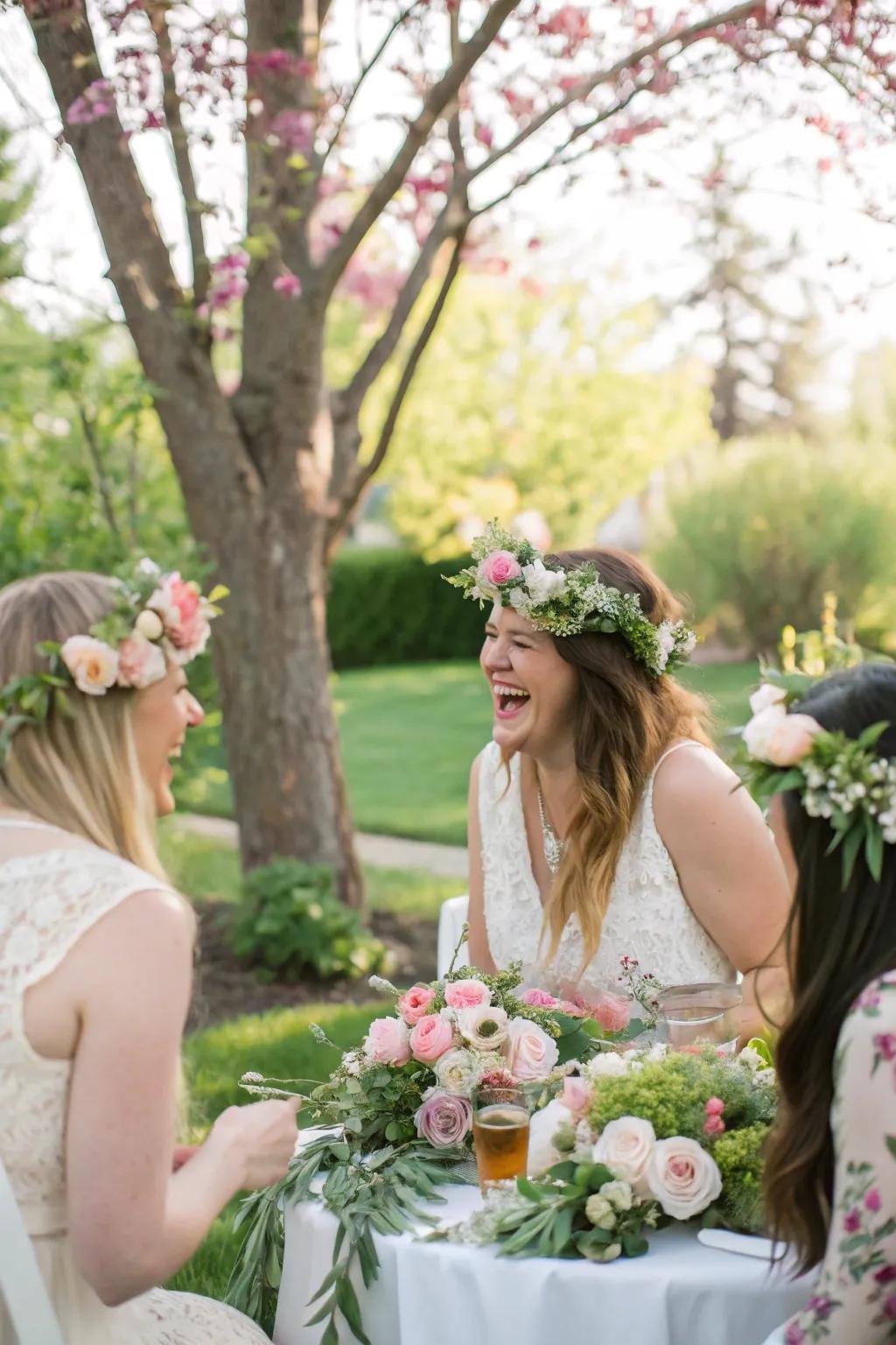 Guests crafting elegant floral crowns for a touch of boho chic.