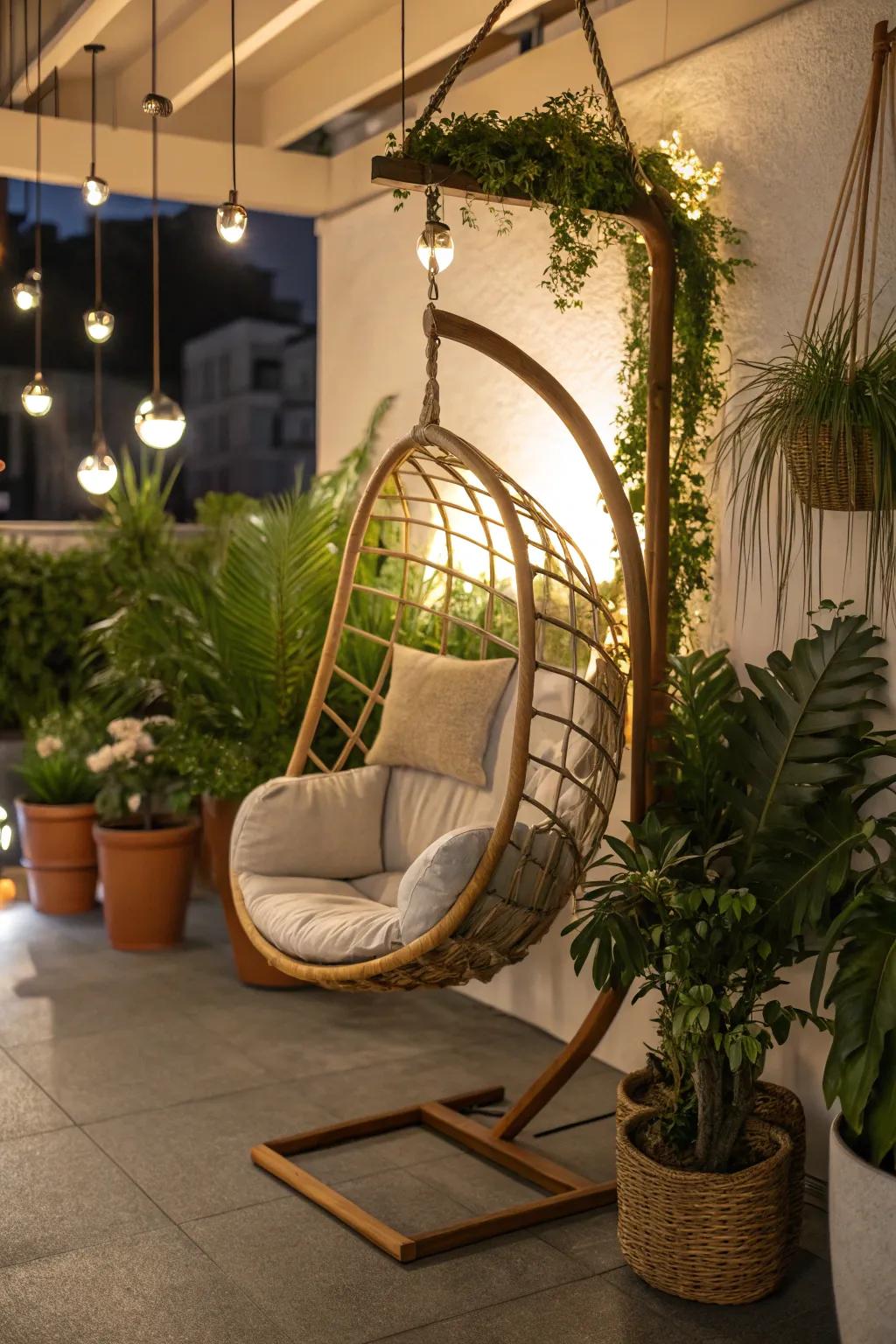 Hanging chairs add whimsy and relaxation to any patio.