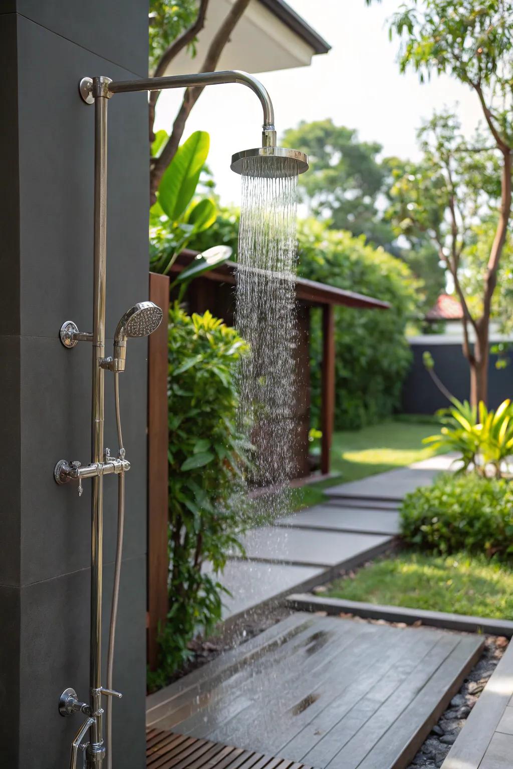 A sleek and modern outdoor shower with metal fixtures.