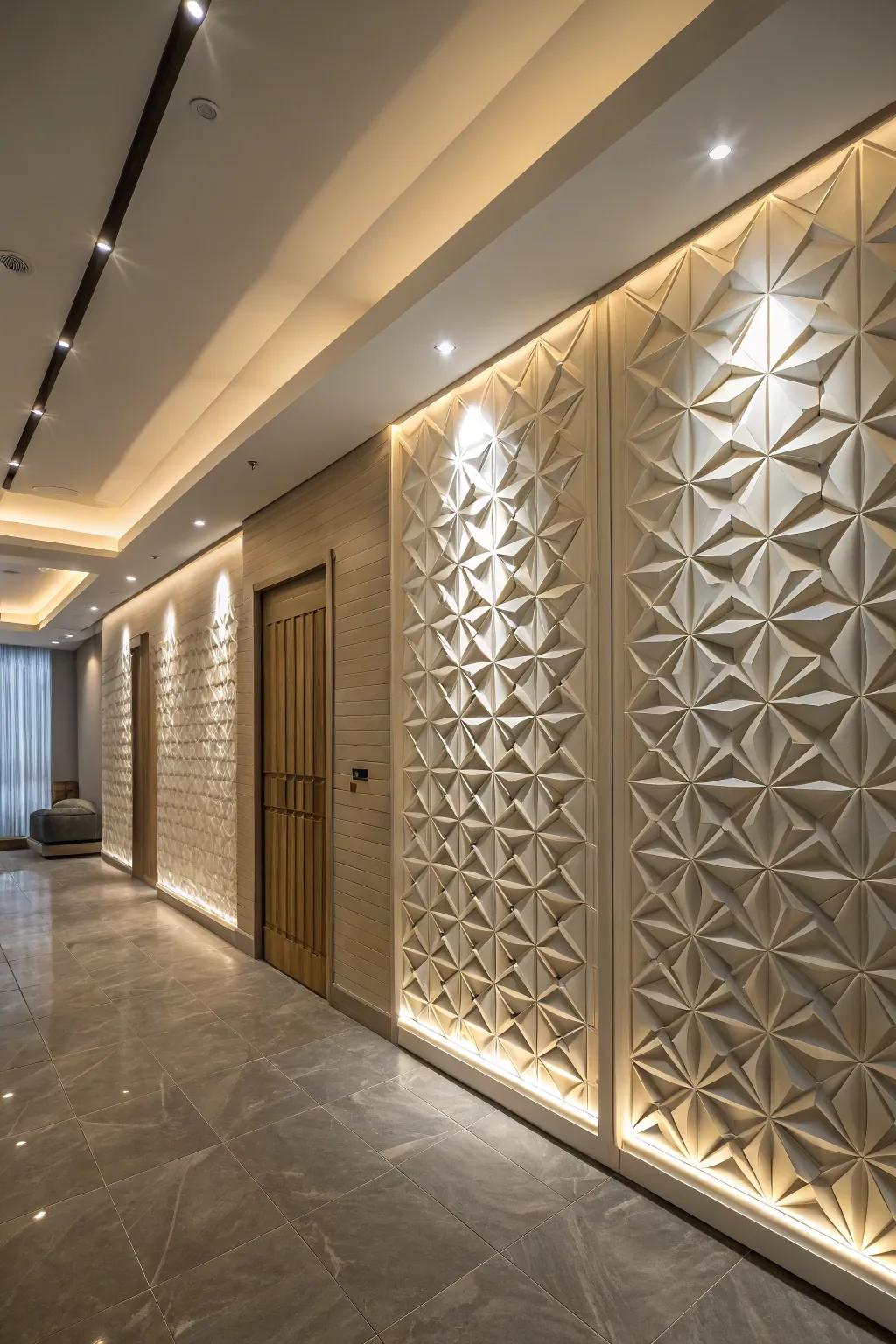 Room with dynamic 3D textured panel designs.