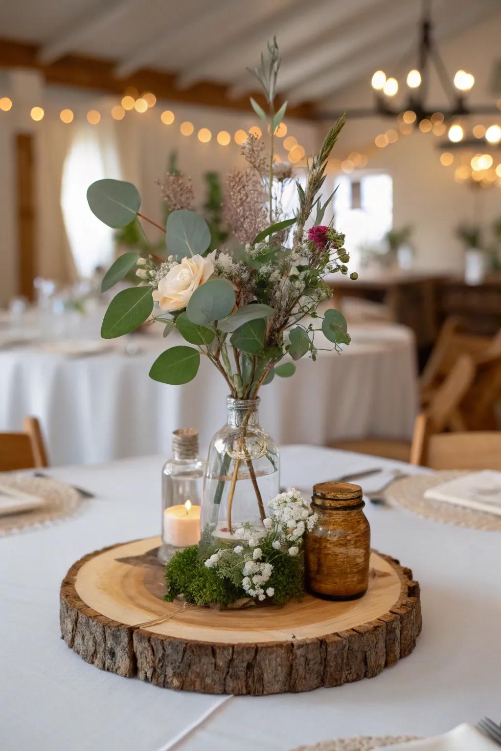 A rustic centerpiece with wooden accents.