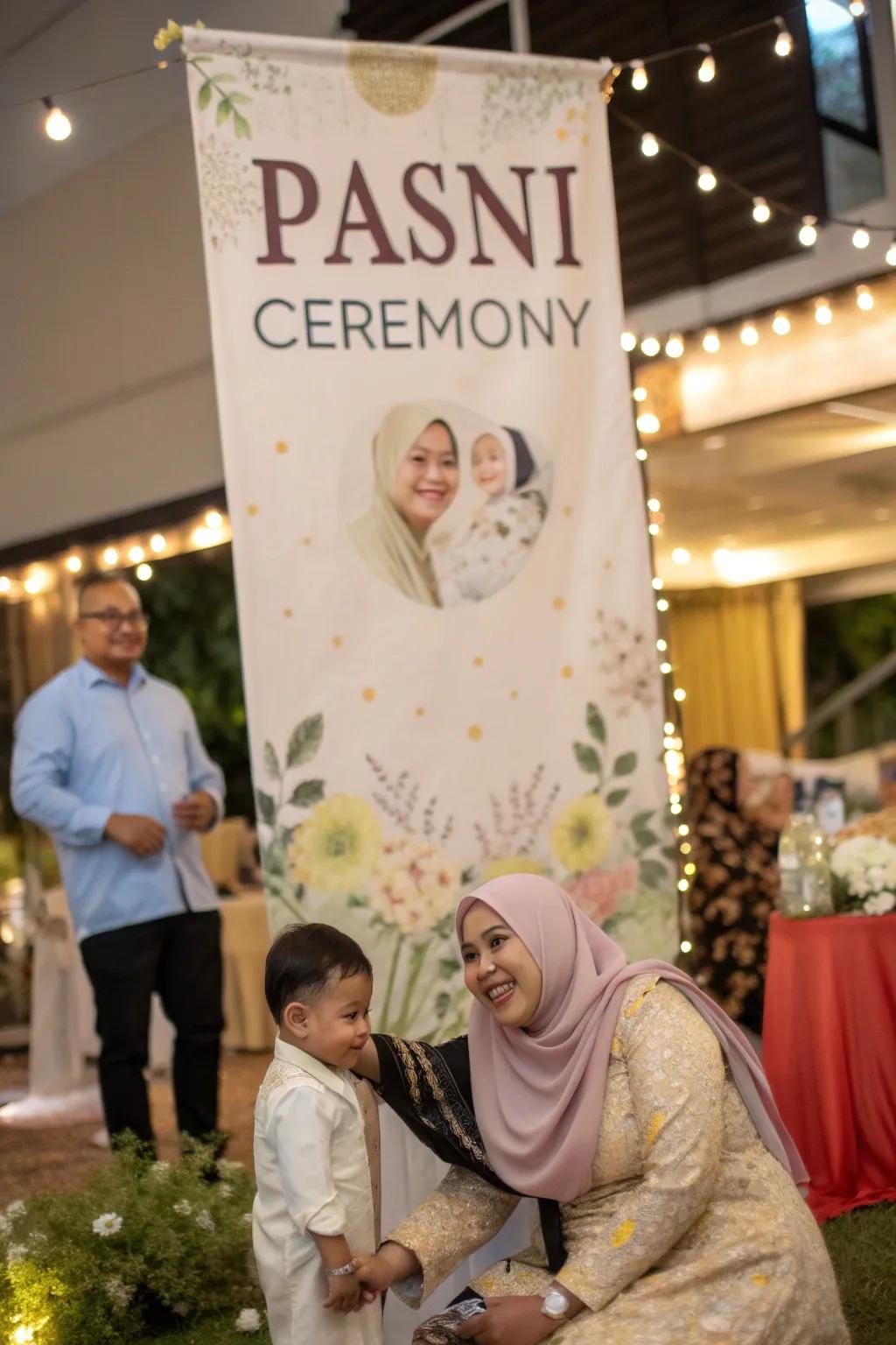 A personalized banner adds a custom touch to the pasni ceremony.