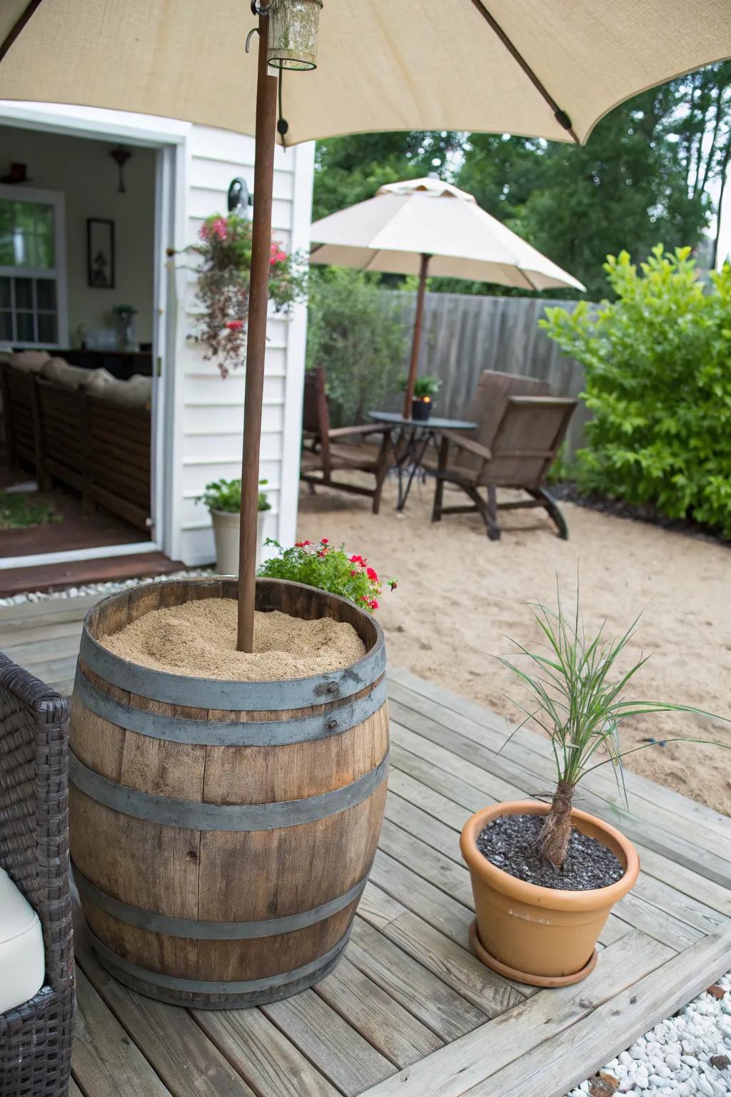 A creative DIY stand from a barrel for storing umbrellas.