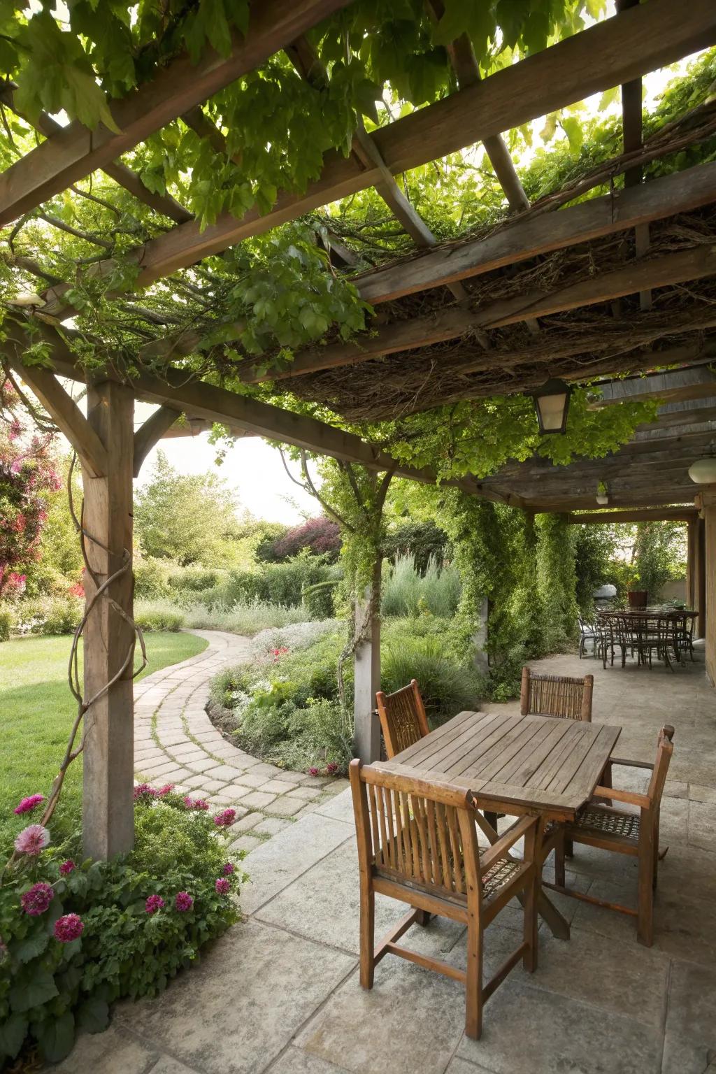 A pergola offering shade and elegance to the patio.