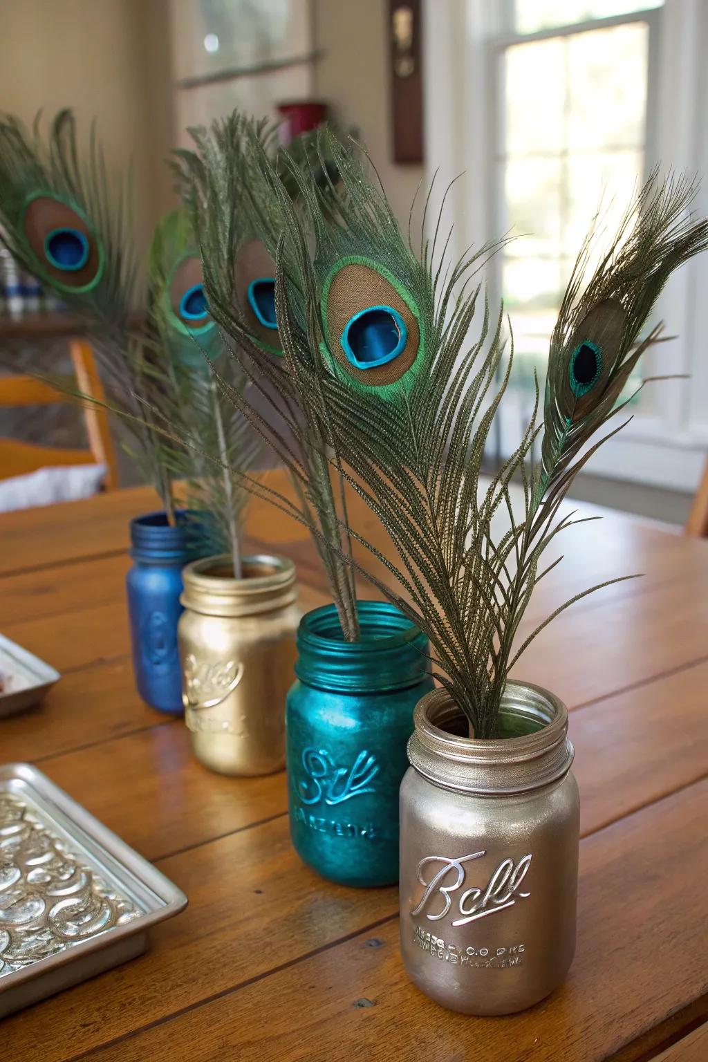 Rustic elegance with mason jars and peacock feathers.