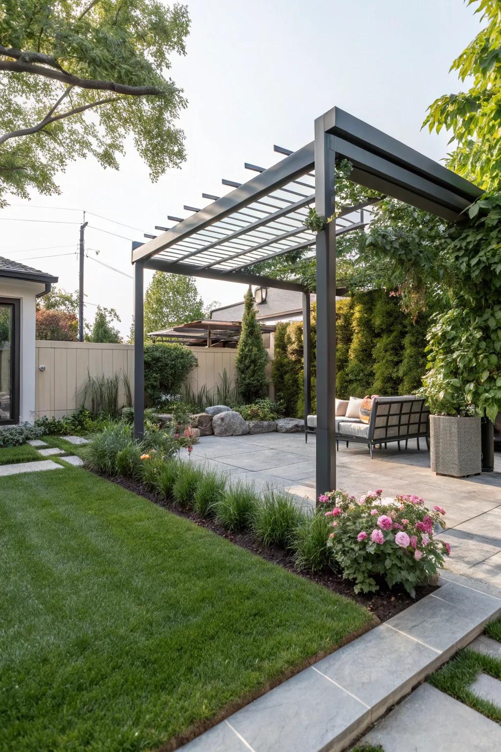 A metal pergola offers a stylish, modern aesthetic.