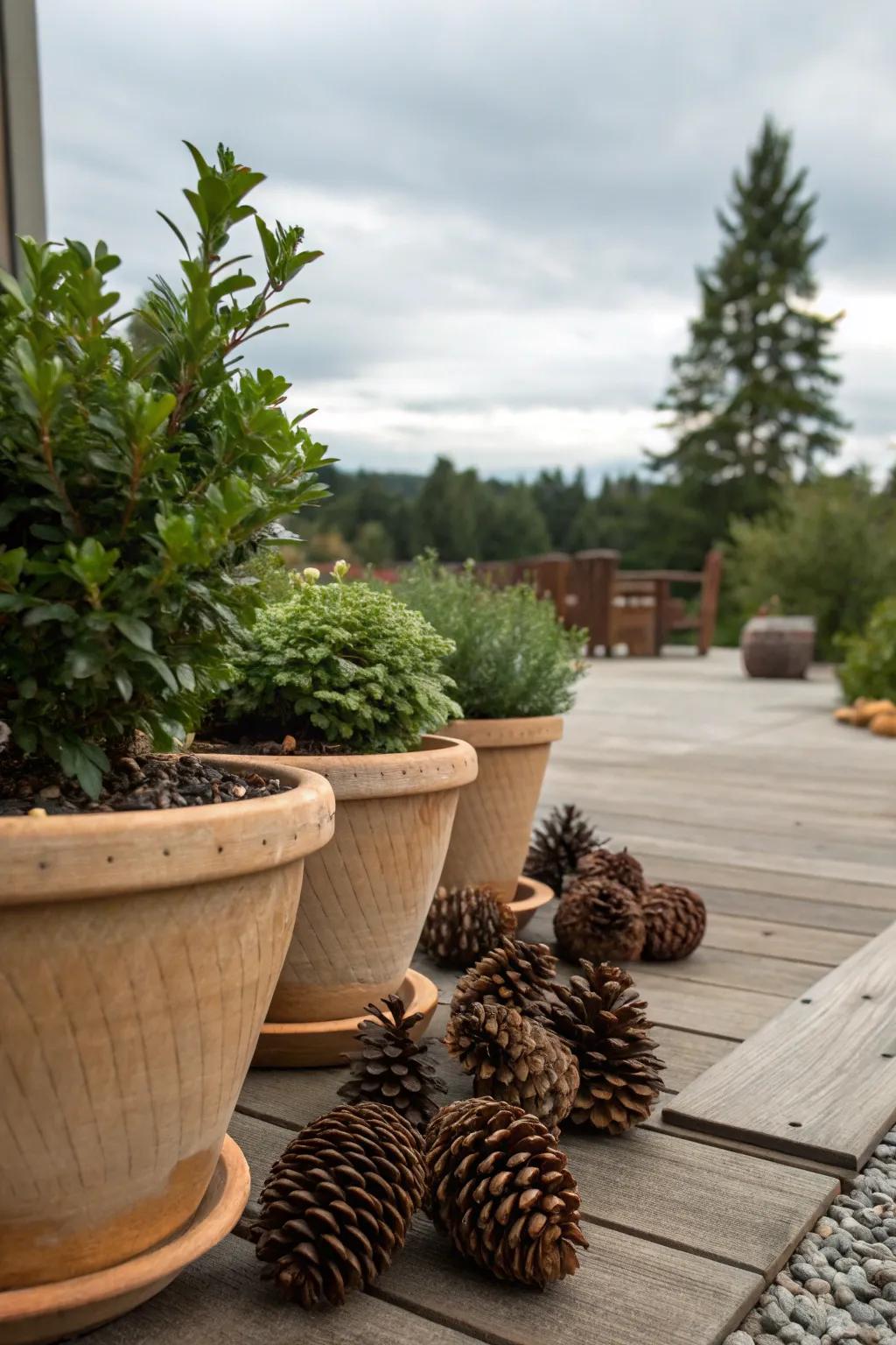 Pinecones as mulch in pots keep plants hydrated longer.