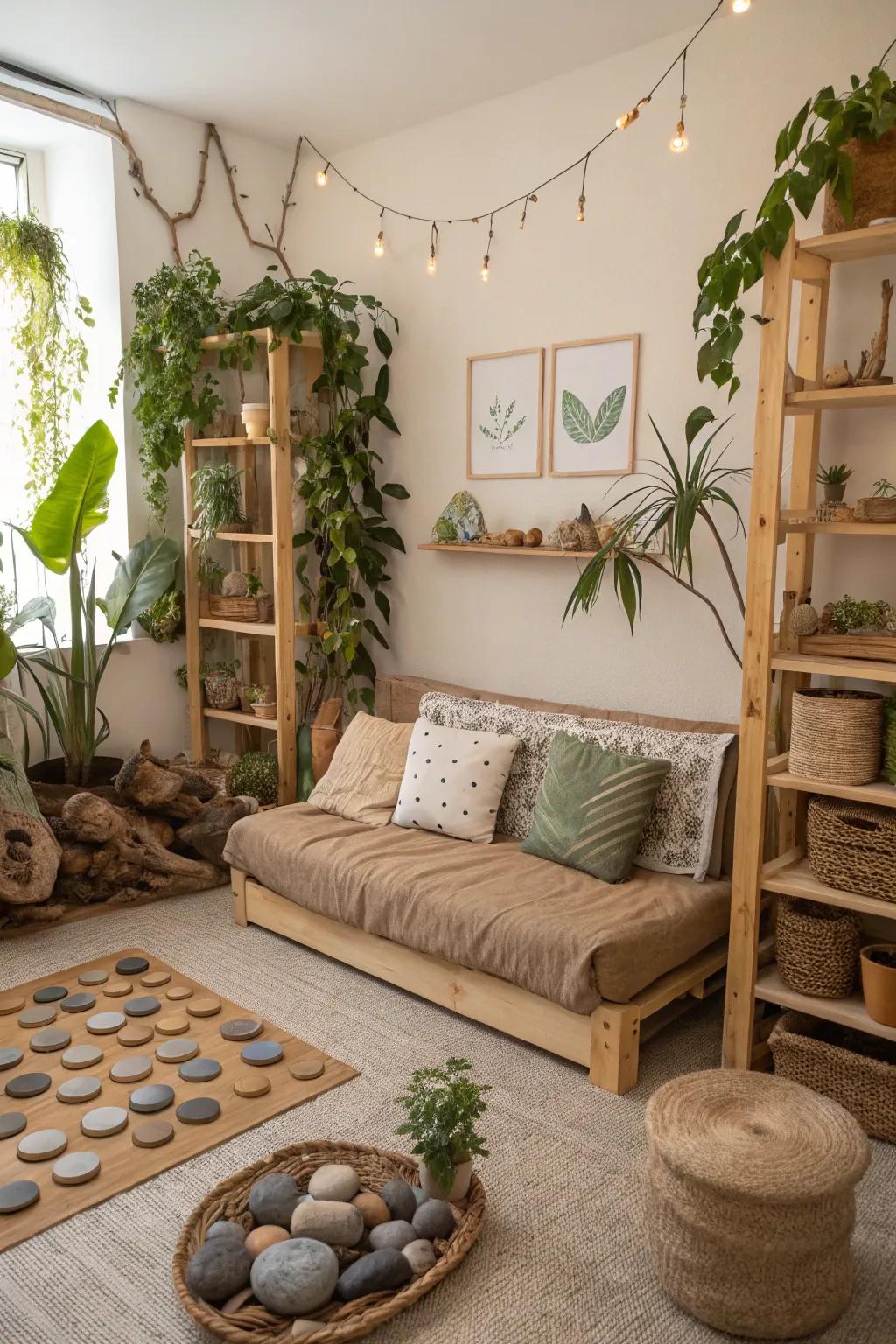 A sustainable playroom with an eco-friendly fabric couch.