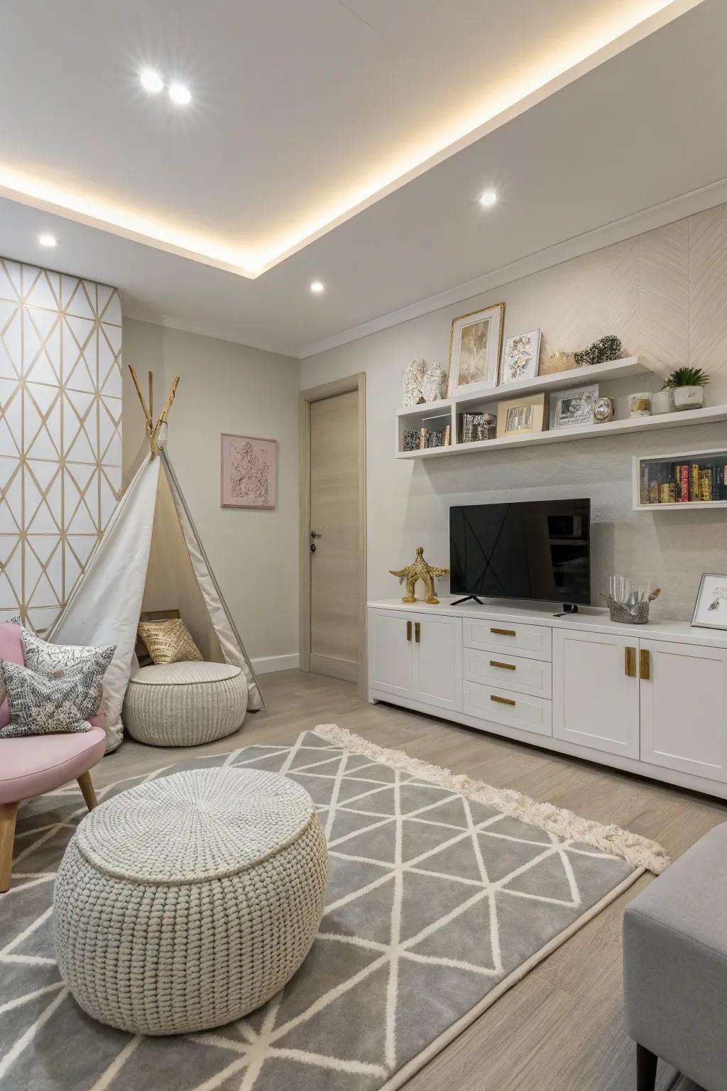 A chic and modern playroom with minimalist design elements.