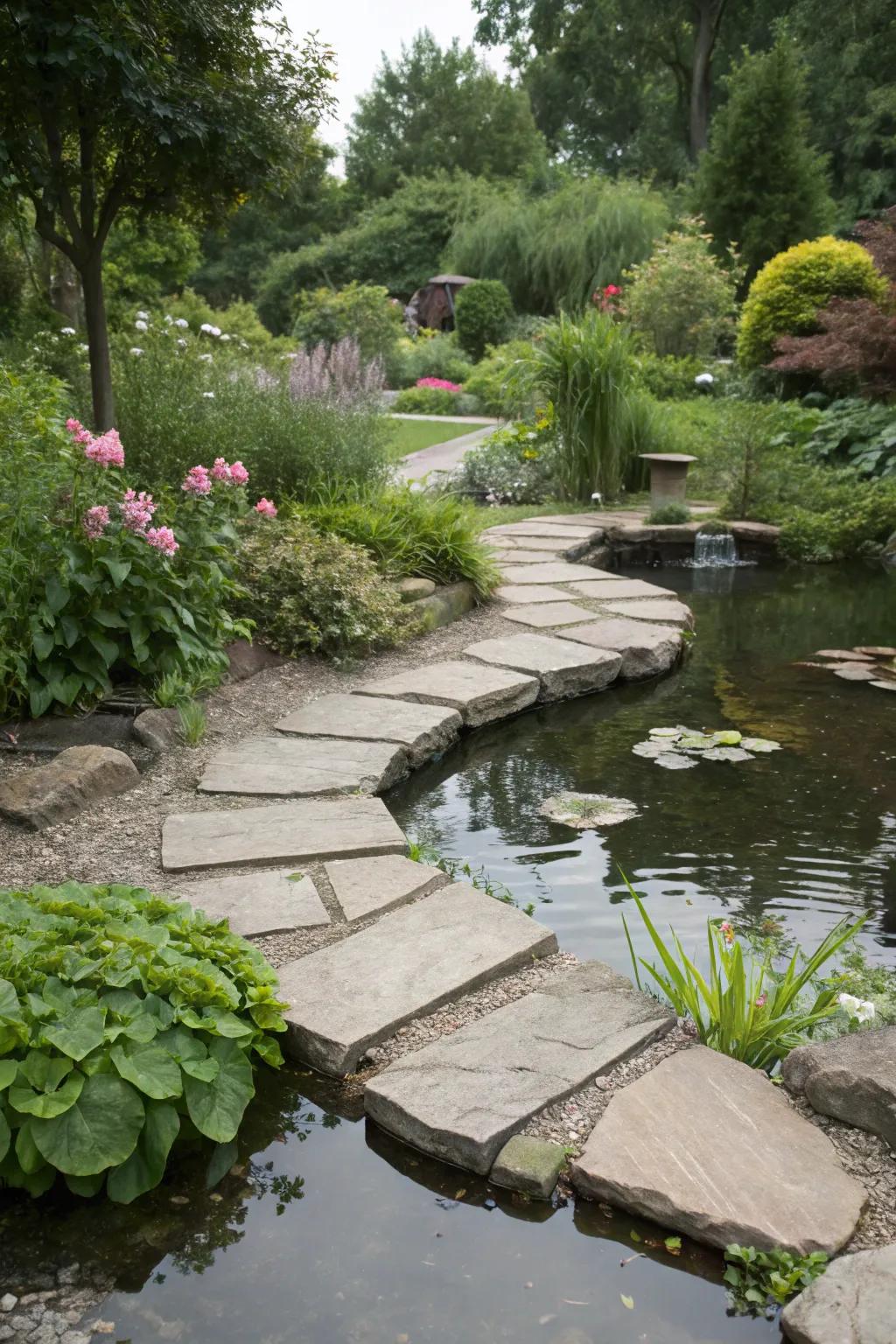 Stone pathways leading to a charming backyard pond.