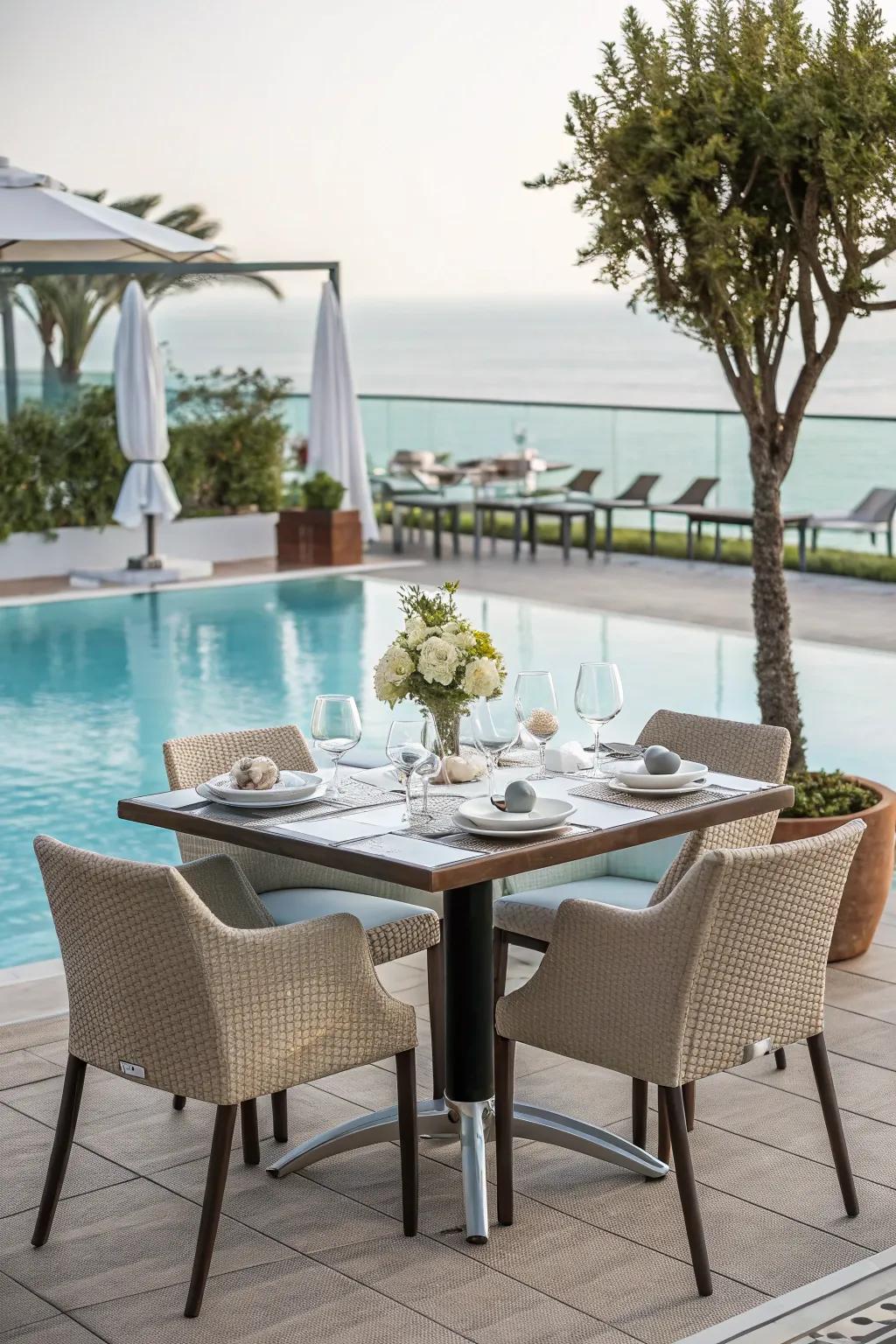 Dine outdoors with a stylish poolside dining set.