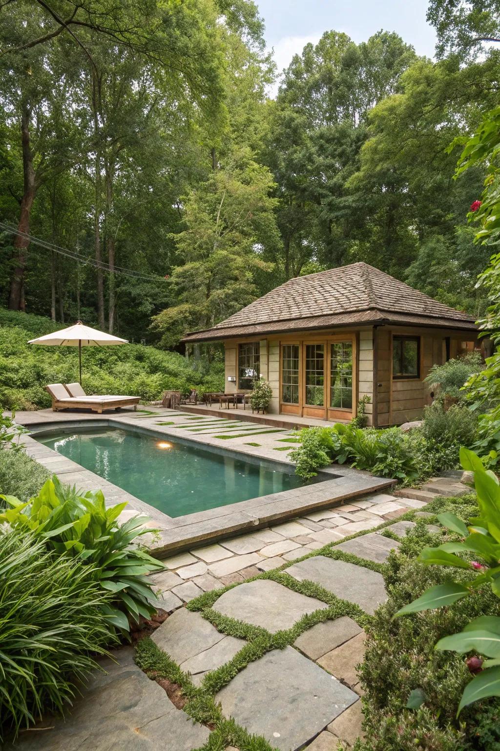 A pool house beautifully integrated with lush greenery.