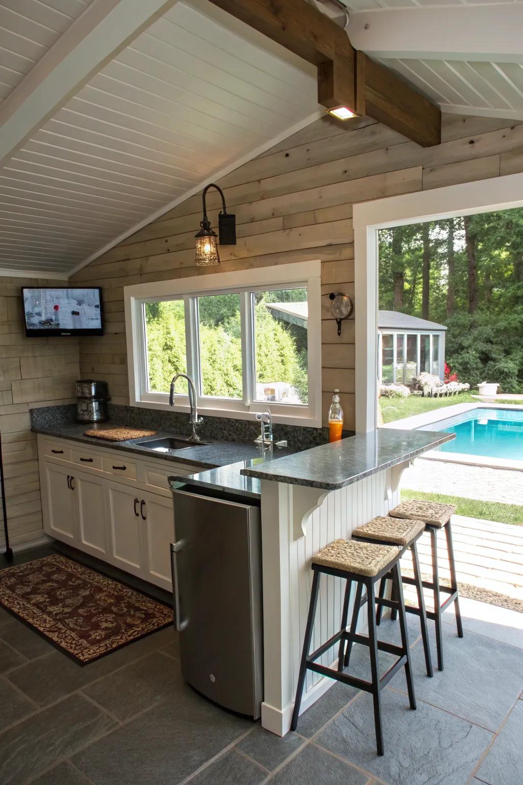 Enjoy poolside refreshments with a convenient kitchenette setup