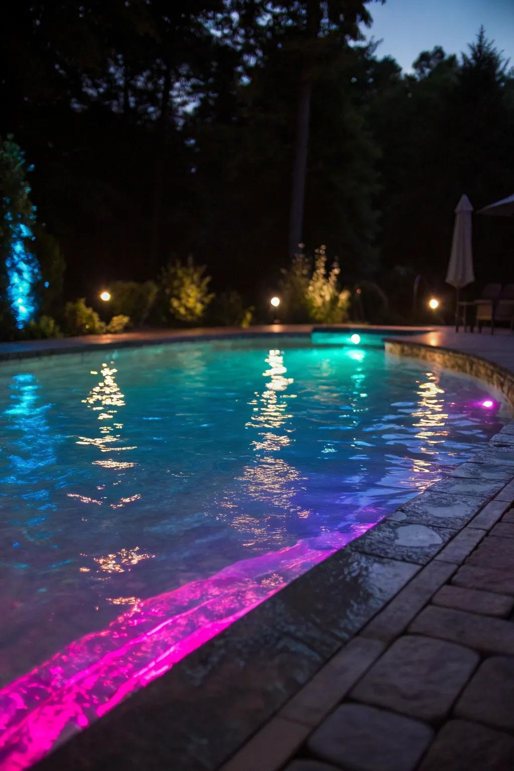 A pool illuminated with colorful LED lights for a magical night swim.