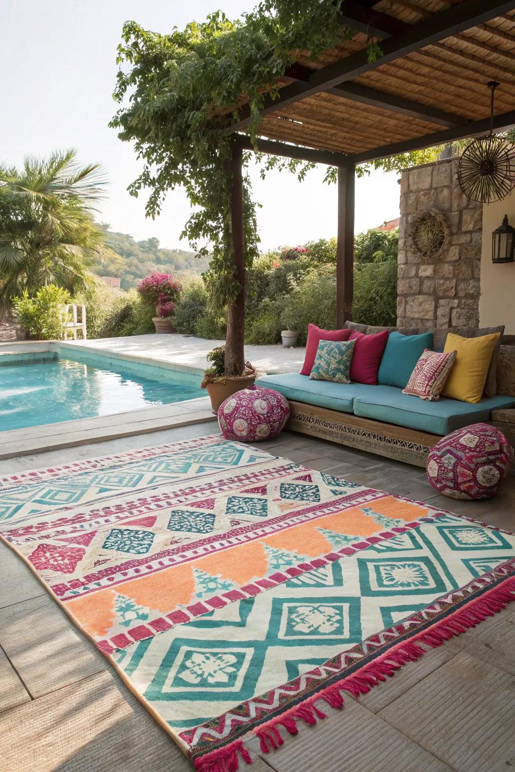 Bring a pop of color and style to your pool patio with a bold outdoor rug.