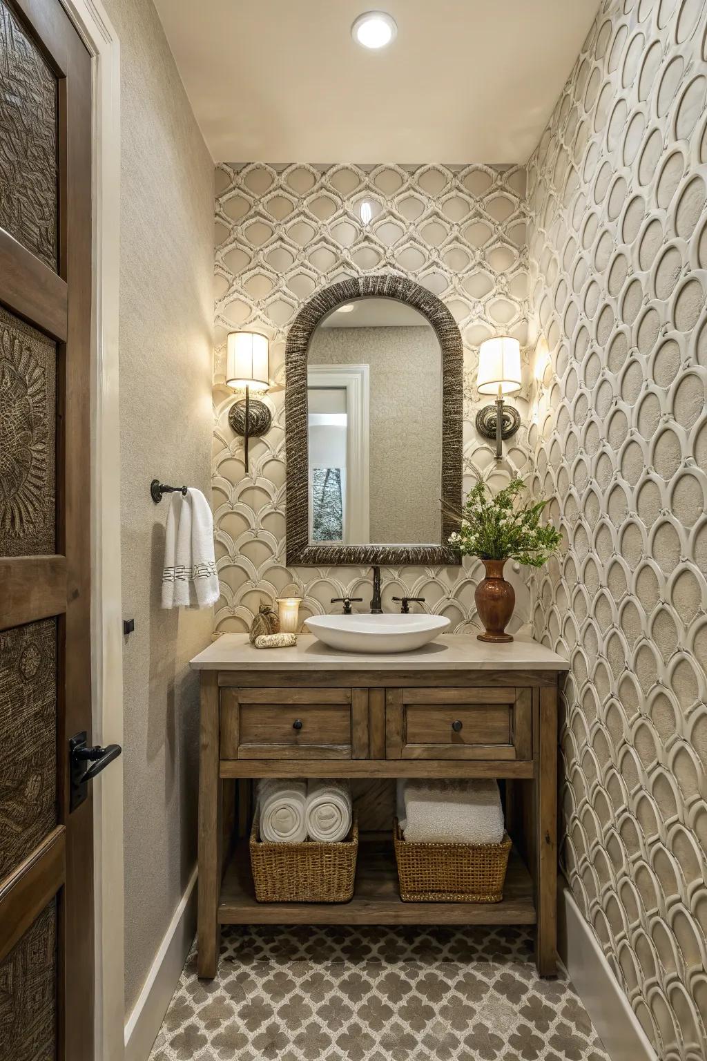 A powder room showcasing an accent wall with textured tiles.