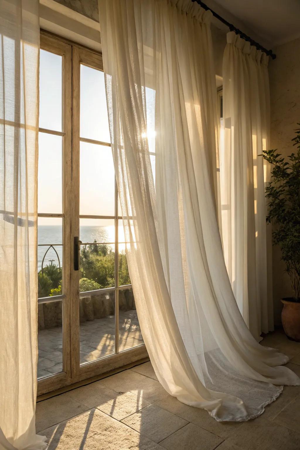 Sheer curtains create a light, airy ambiance with privacy.