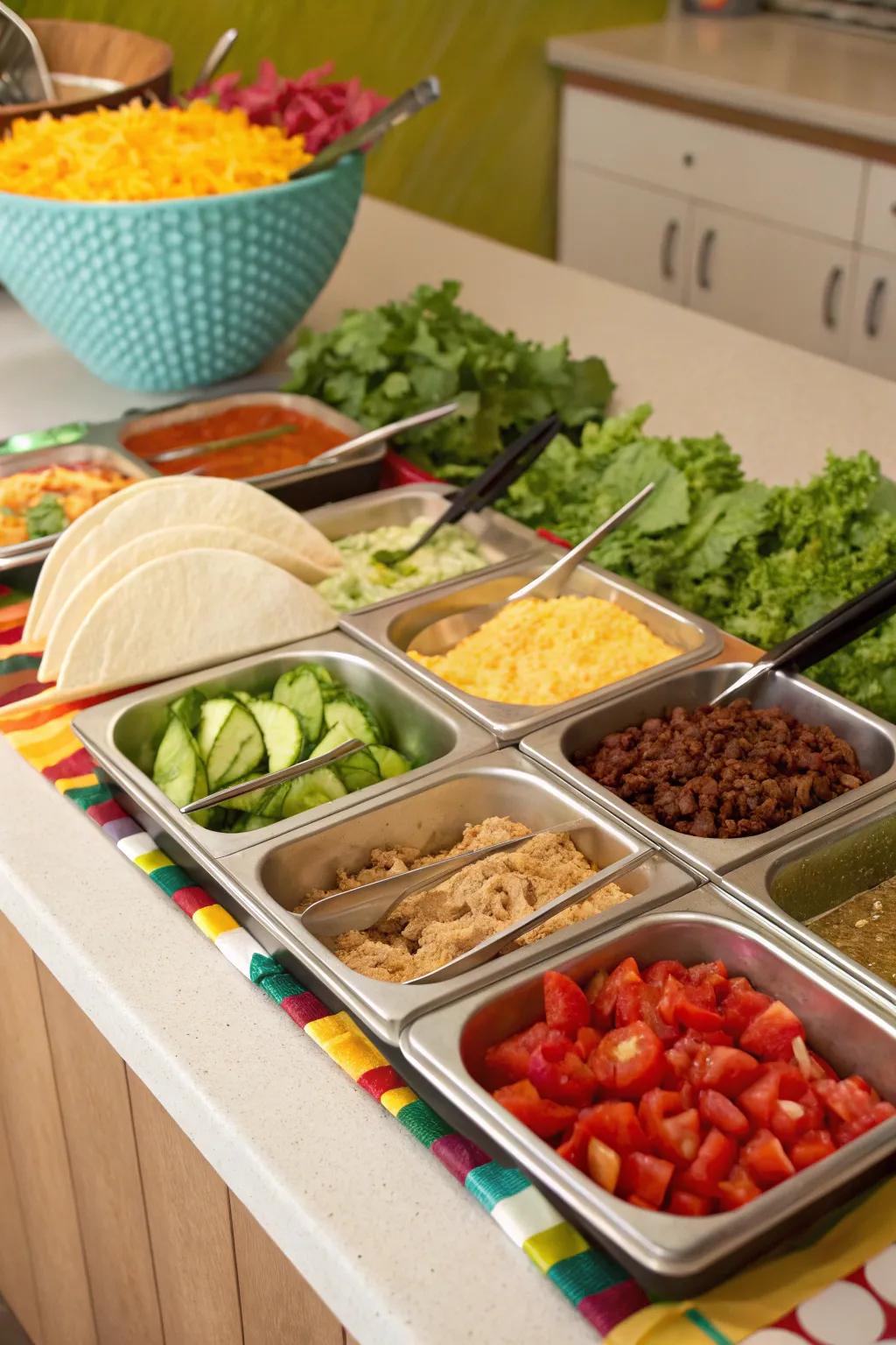A lively taco bar invites guests to get creative.