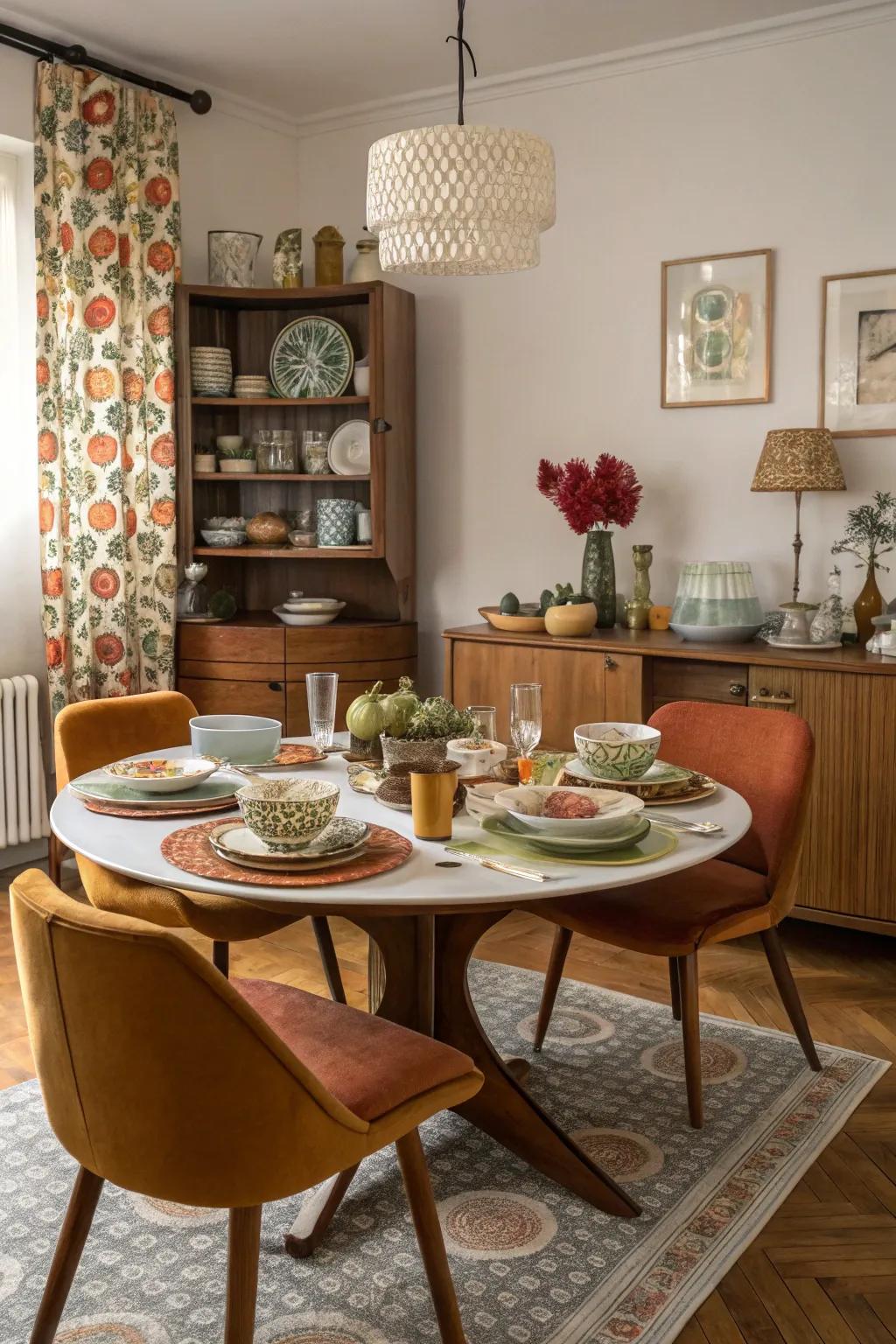 A dining room styled with retro decor, featuring vintage tableware and dishes from the 60s and 70s.