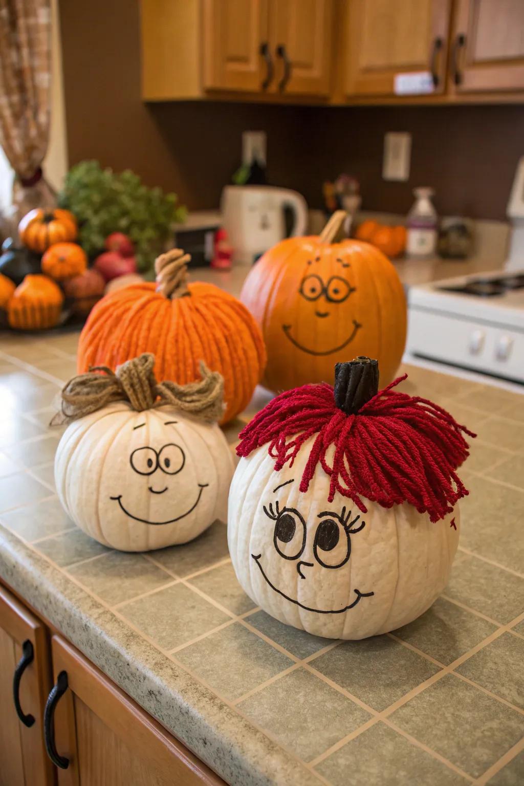 Mini pumpkins turned into a delightful family of characters.