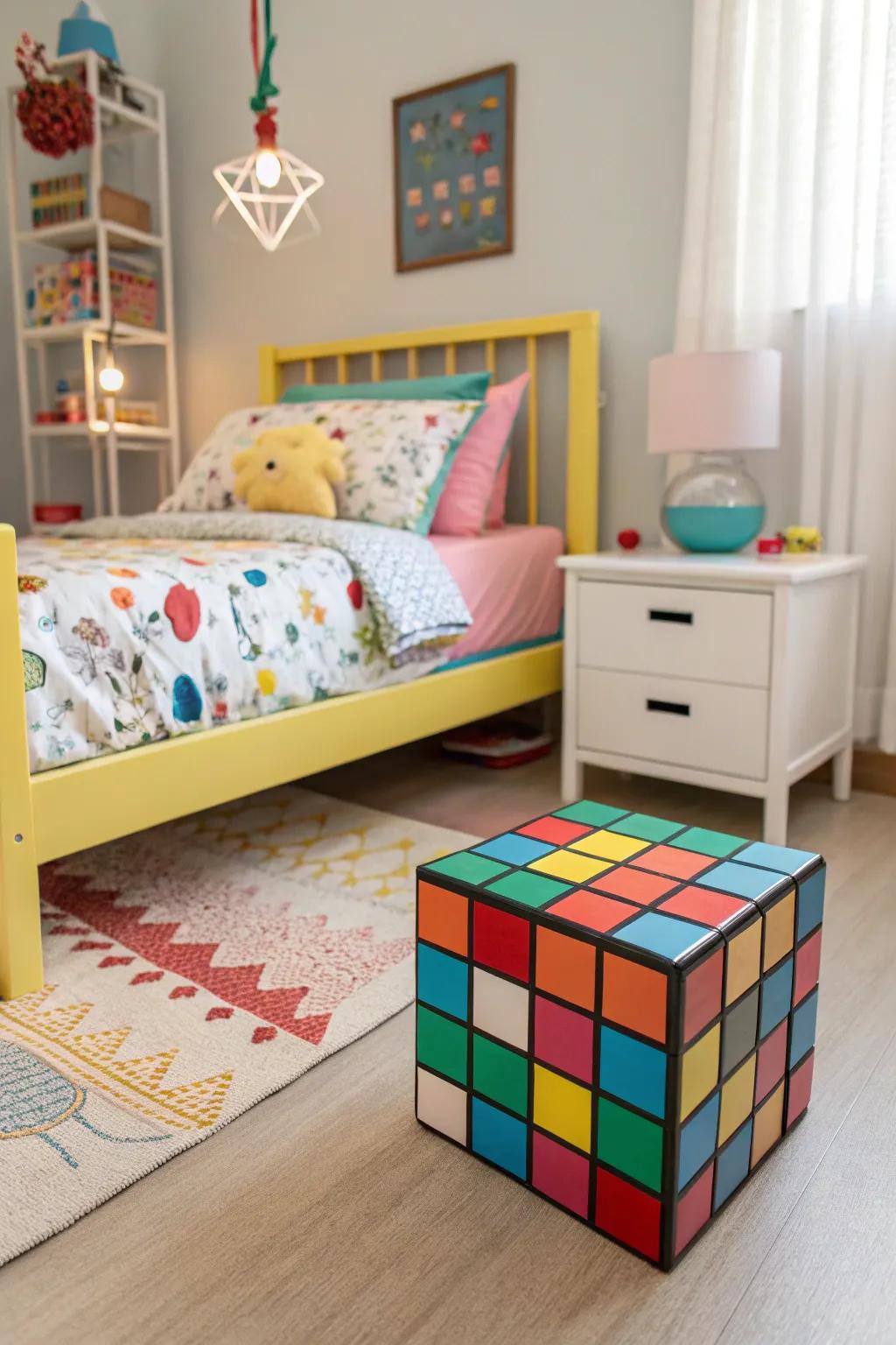 A bedroom spotlighting unique furniture like a colorful bedframe.