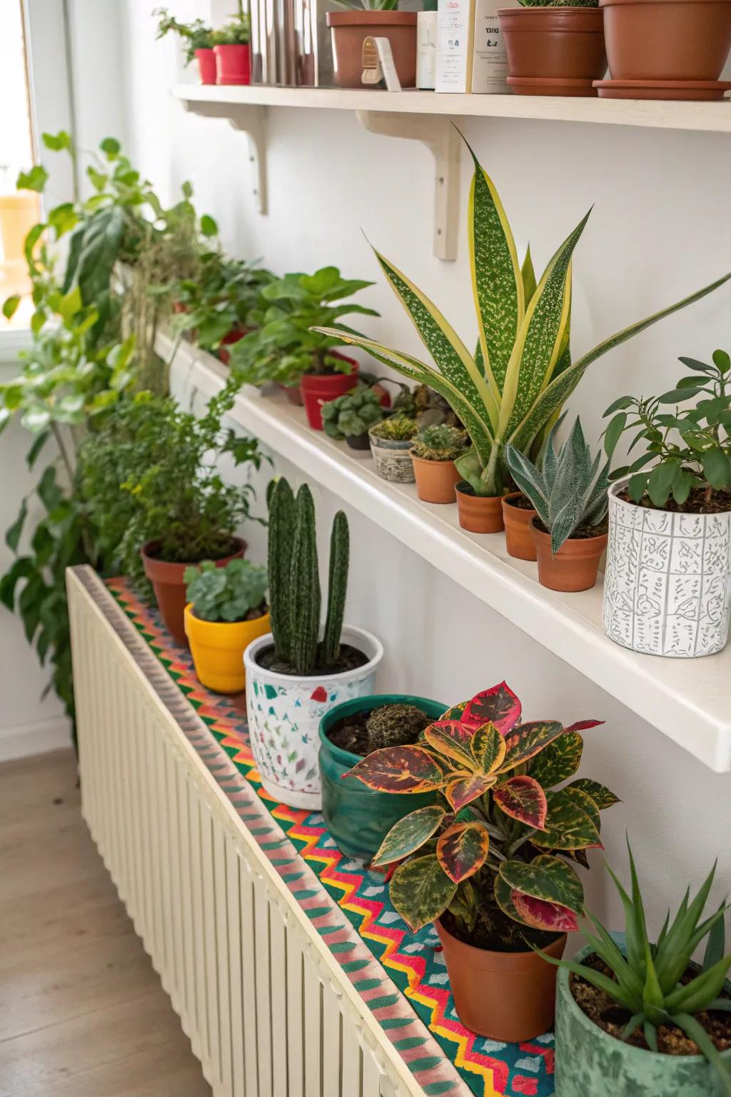 A plant parade on your radiator shelf adds life and color to any room.