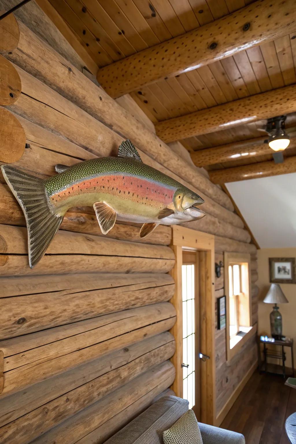 A rustic wall mount of a rainbow trout adds a cozy, cabin-like charm.