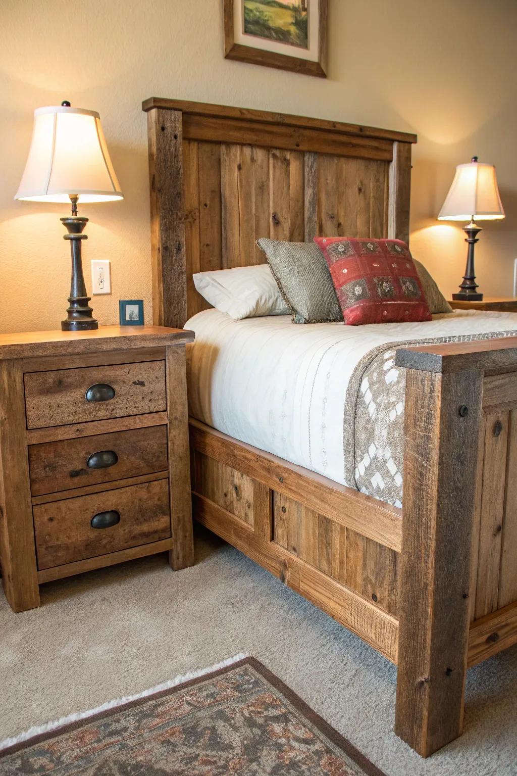 A rustic wooden bed frame paired with matching wooden nightstands.