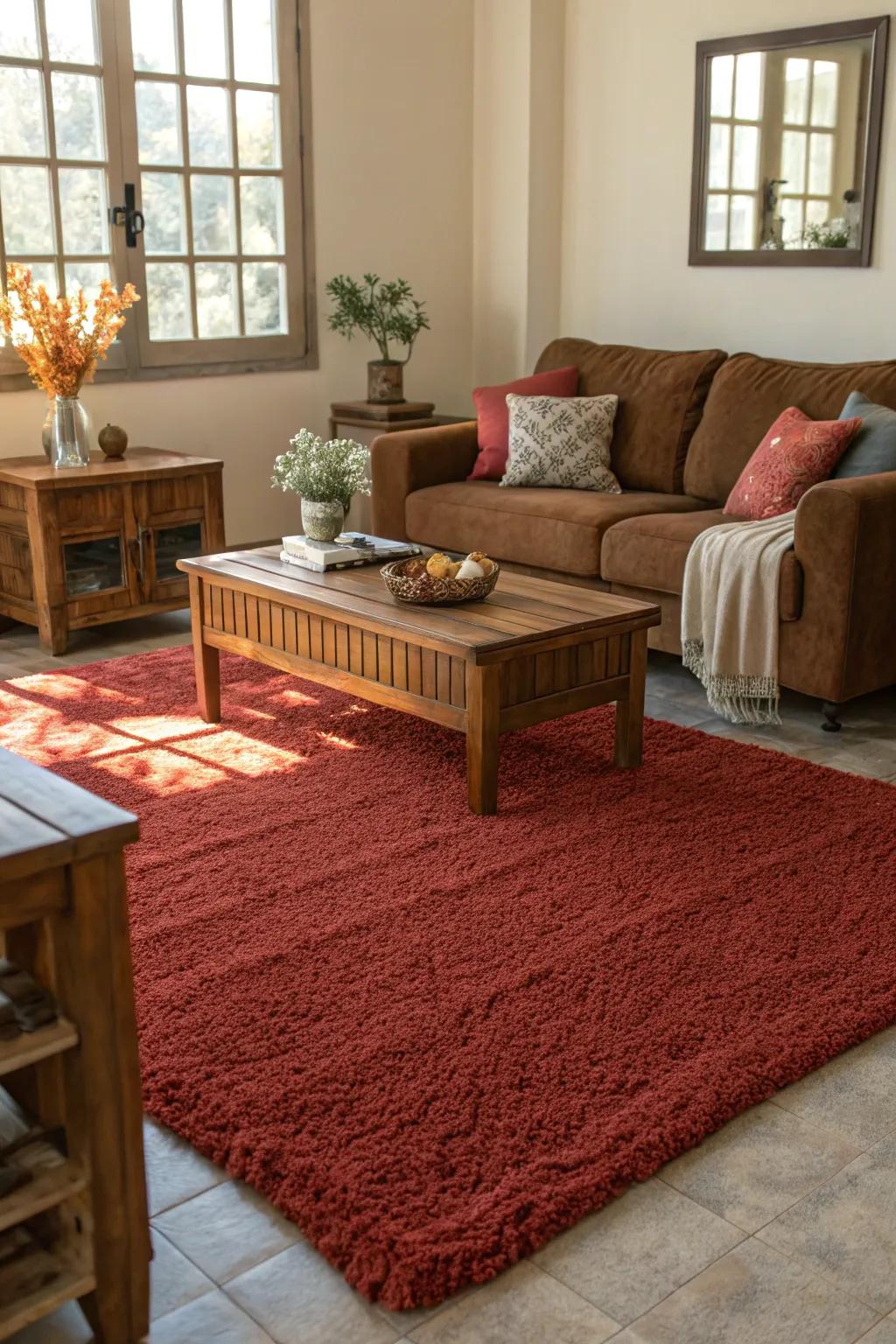 Textured red rugs add warmth and comfort to a living space.