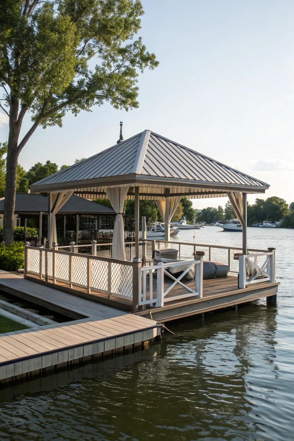 A functional dock with a canopy for all-weather enjoyment.