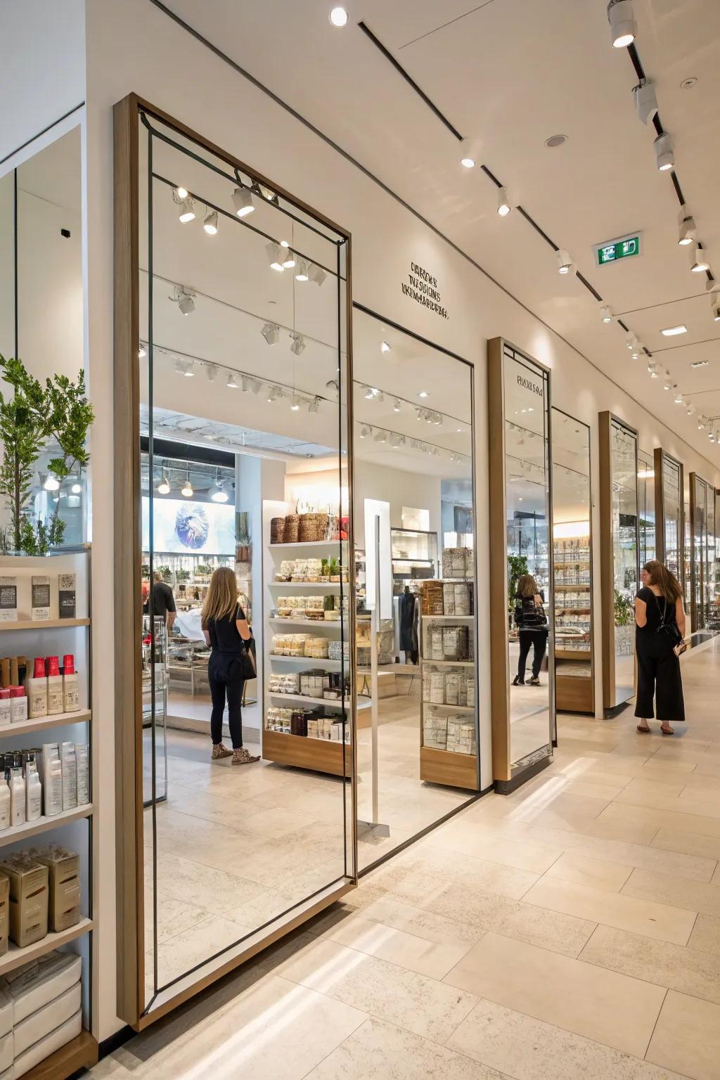 Strategically placed mirrors can make a small retail space feel expansive.