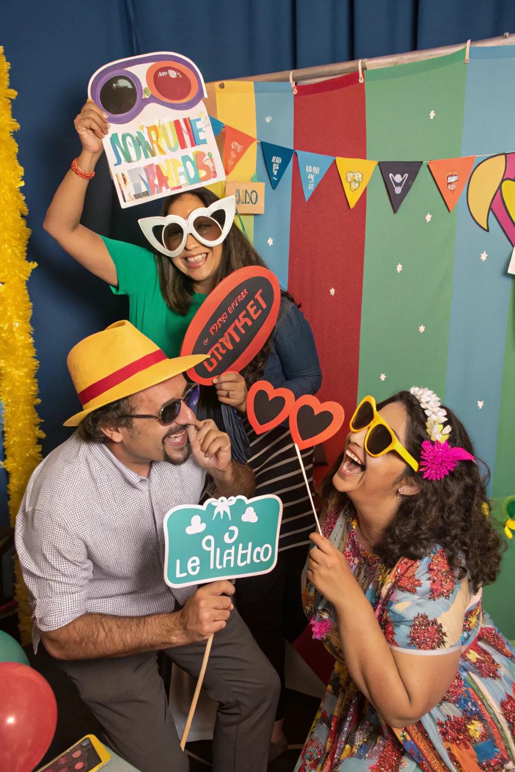 A lively photo booth with props for guests to enjoy.