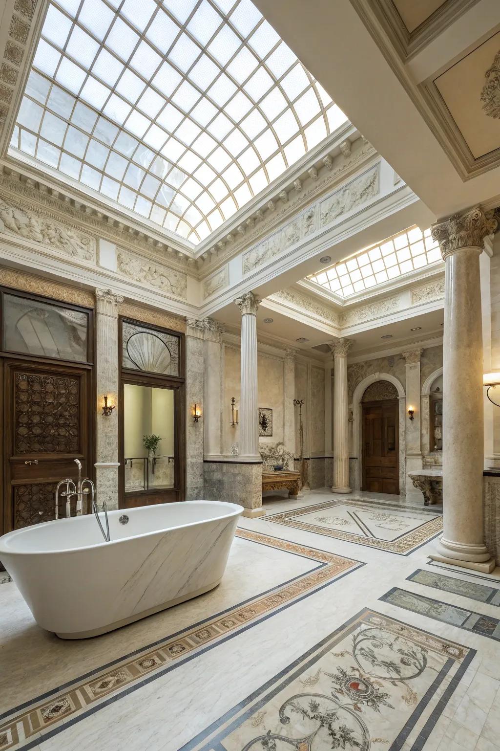 An open layout enhances the grandeur of a Roman-inspired bathroom.