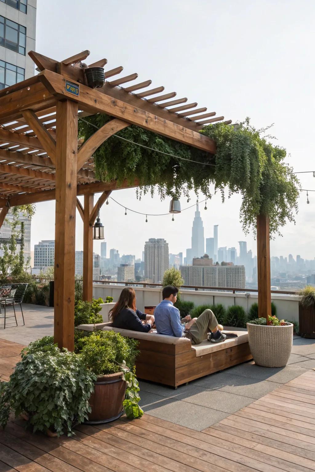 A stylish and shaded rooftop pergola.