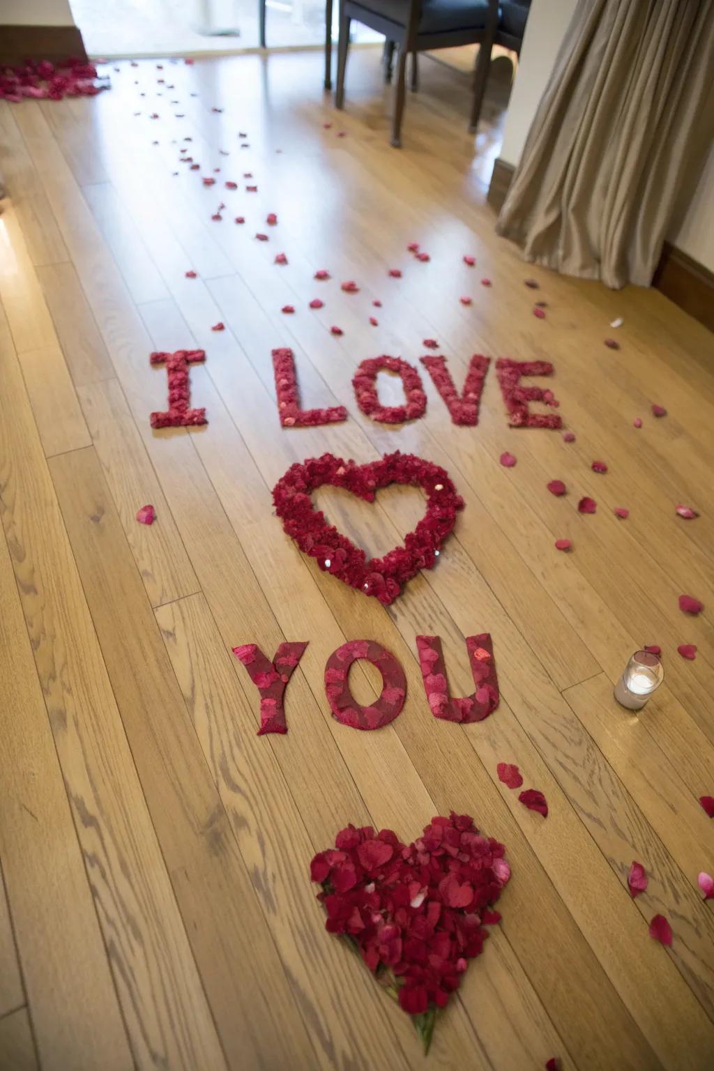 A love message crafted from rose petals