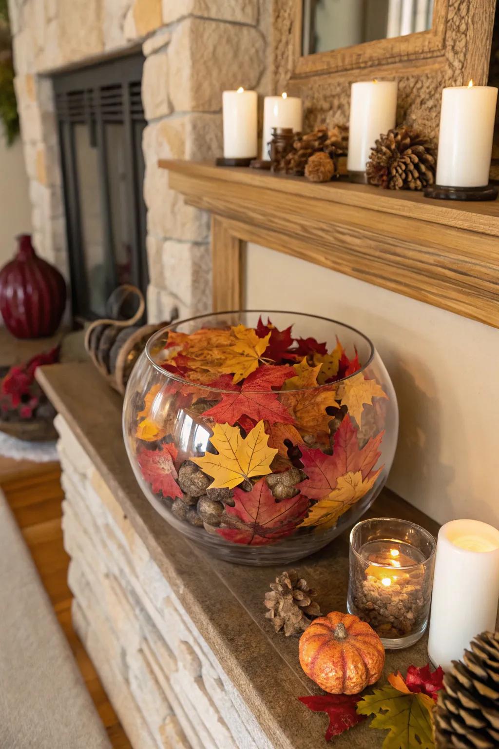 Seasonal elements like autumn leaves bring a festive flair to glass bowls.