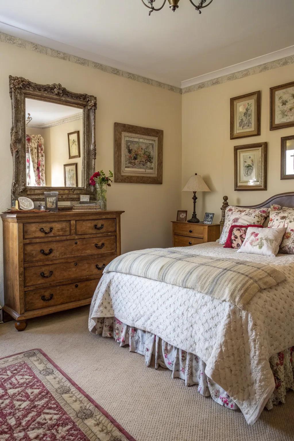 Vintage accents add a unique charm to this rustic bedroom.