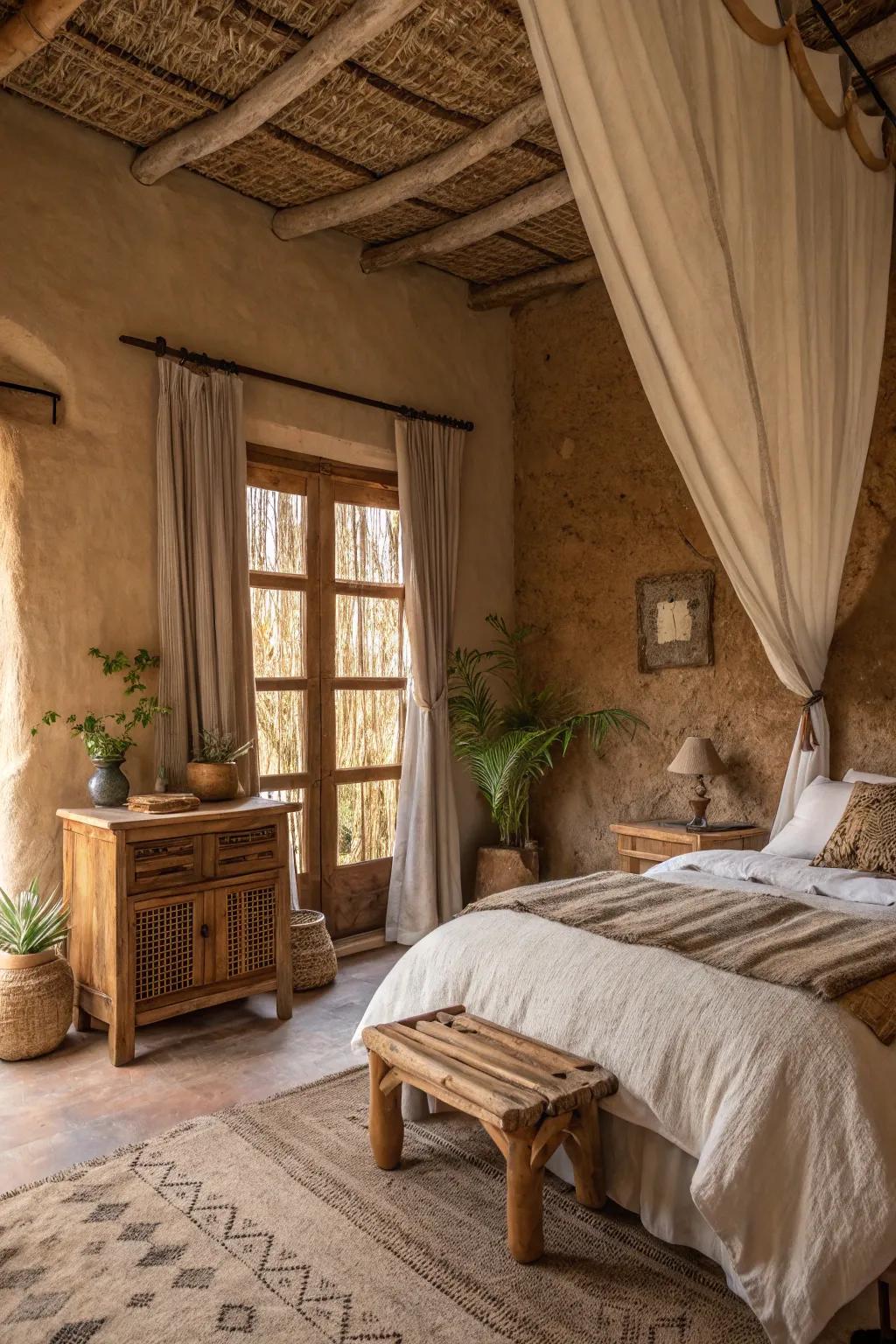 A bedroom featuring earthy tones and natural materials.