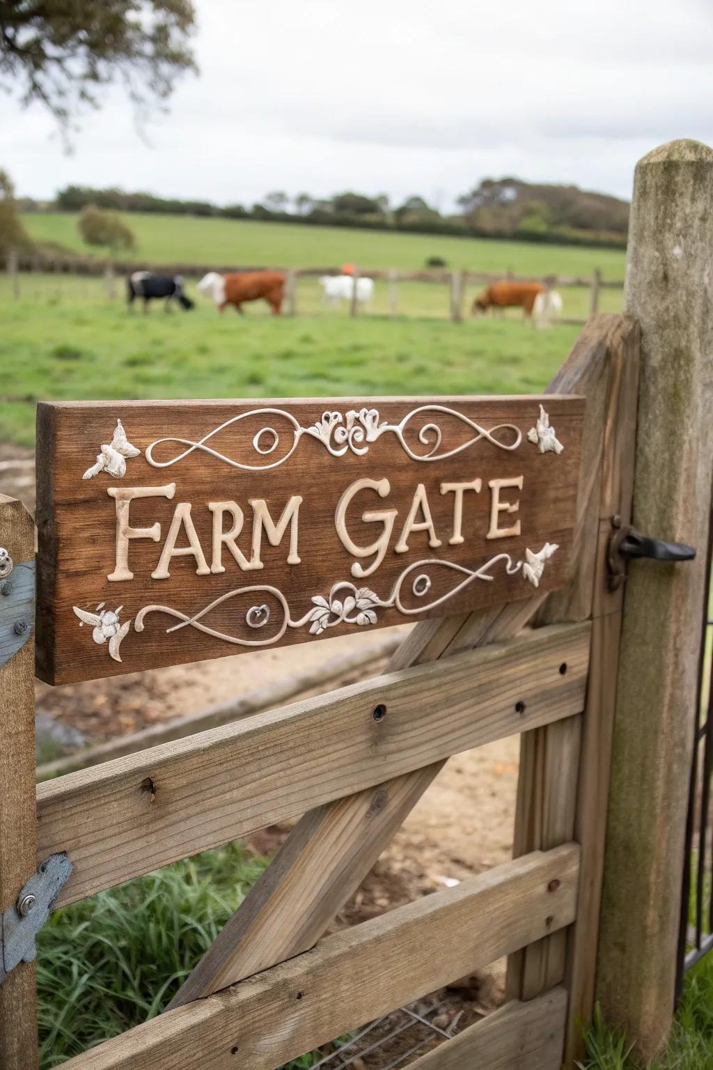 A personalized gate featuring a custom farm sign.